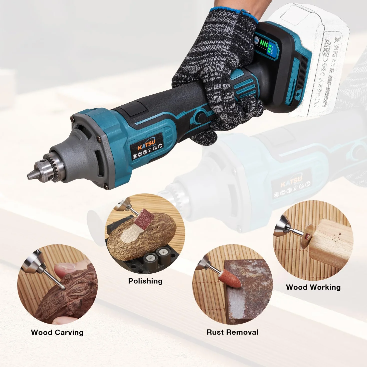 KATSU FIT-BAT 21V Brushless Amoladora Recta a Batería sin Escobillas, 6mm Portafresas, 4 Velocidades Variables y Interruptor de Seguridad, sin Batería ni Cargador 102324