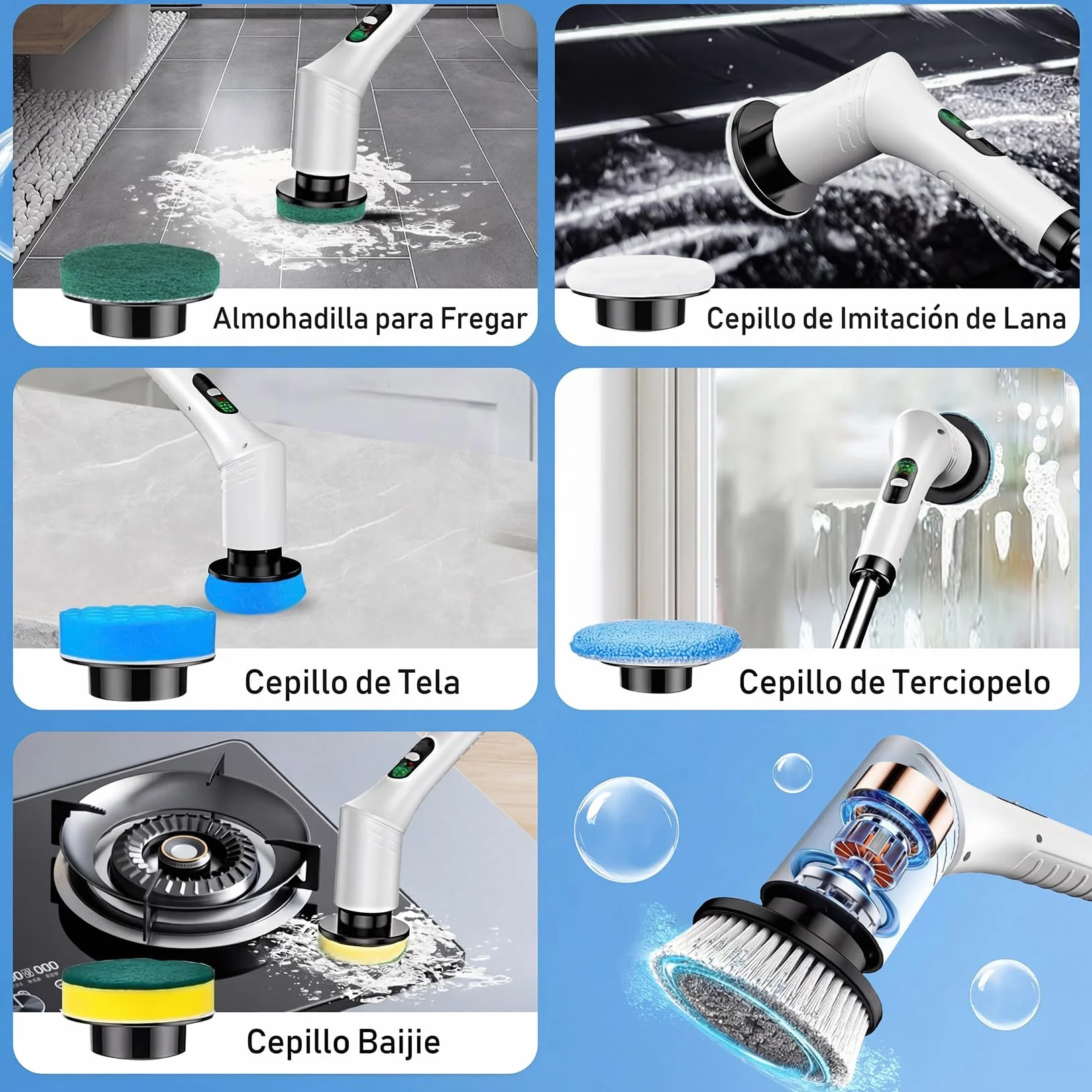 Cepillo Electrico Limpieza Hogar, Cepillo Limpieza Electrico con 9 Cabezales Reemplazables Mango Telescópico Ajustable para Hogar, Baño, Suelos, Cocina, Azulejos
