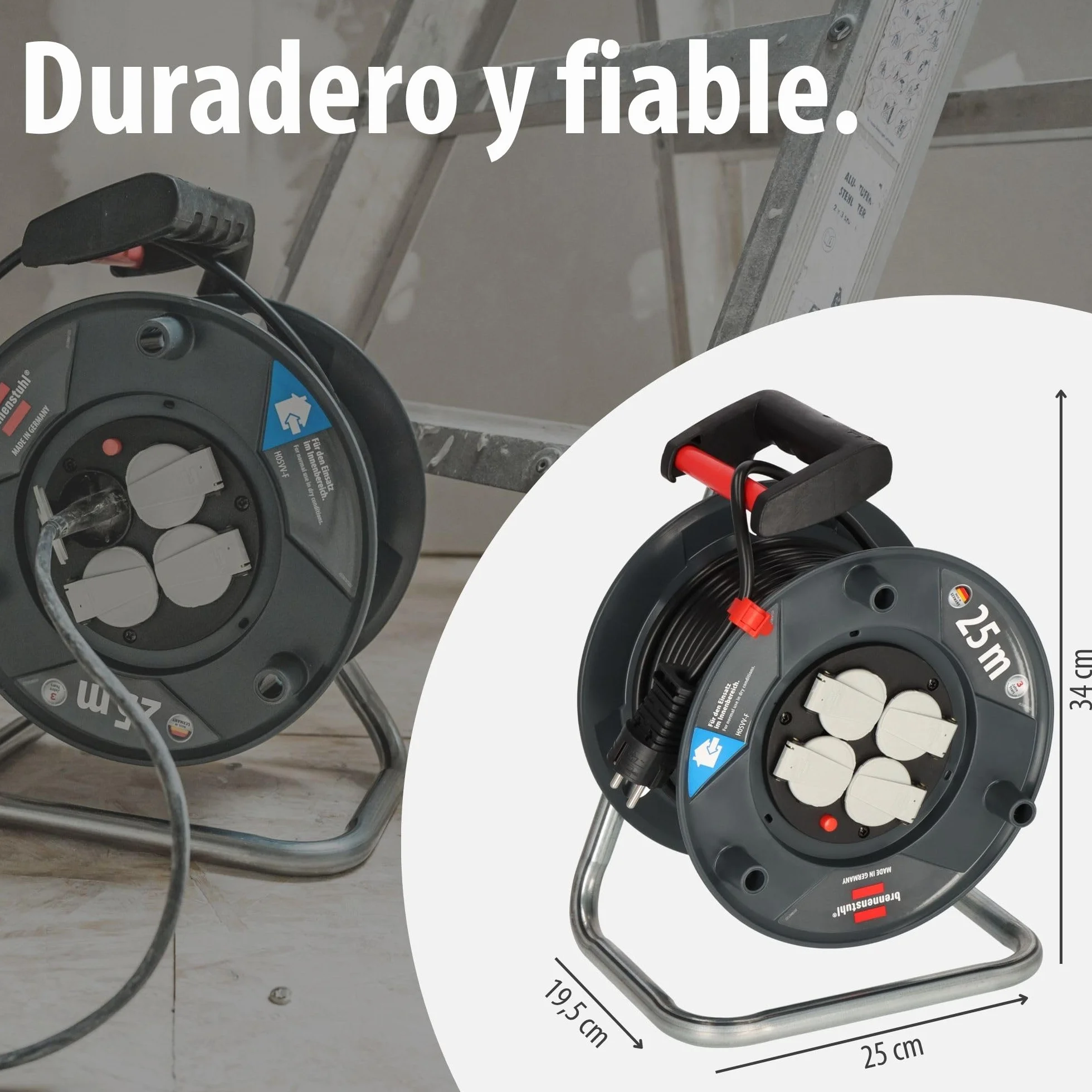Brennenstuhl Garant V2 Enrollacables 25m cable (Fabricado en Alemania, 4 enchufes con conexión a tierra, protección contra sobrecalentamiento, cuerpo del tambor de plástico especial)