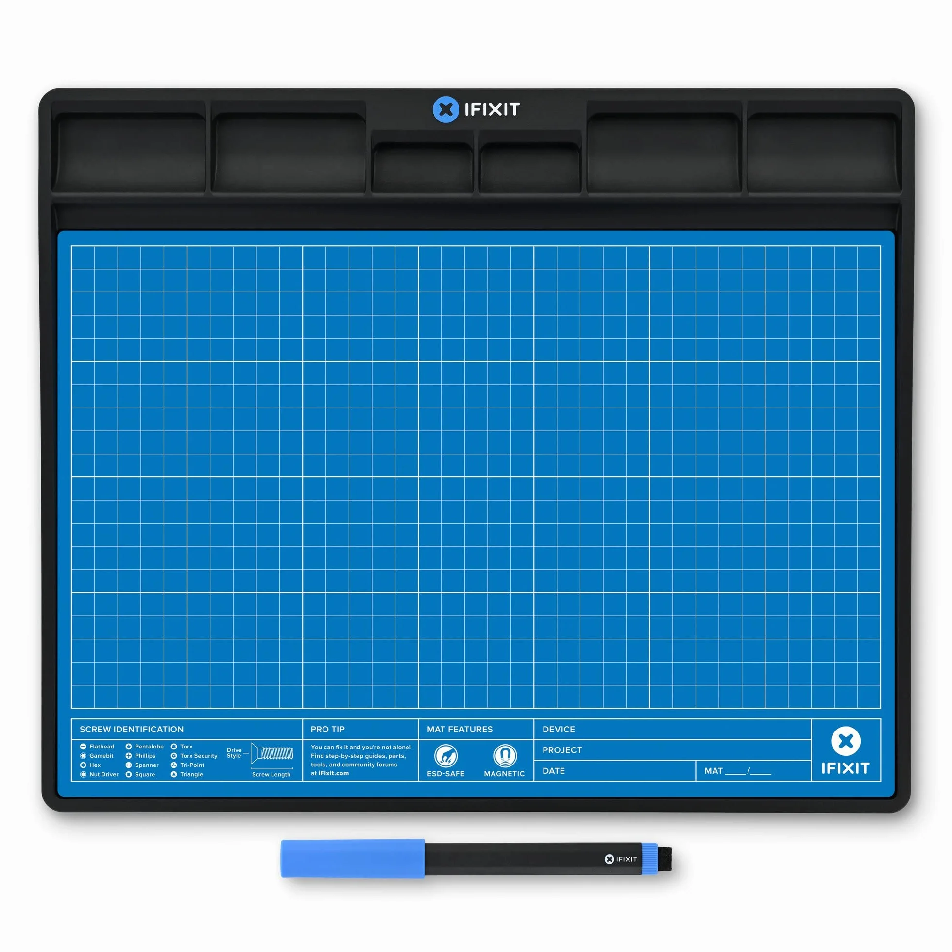 iFixit FixMat, alfombrilla de trabajo magnética con compartimentos para tornillos y componentes para reparaciones electrónicas, antiestática y escribible, con bolígrafo
