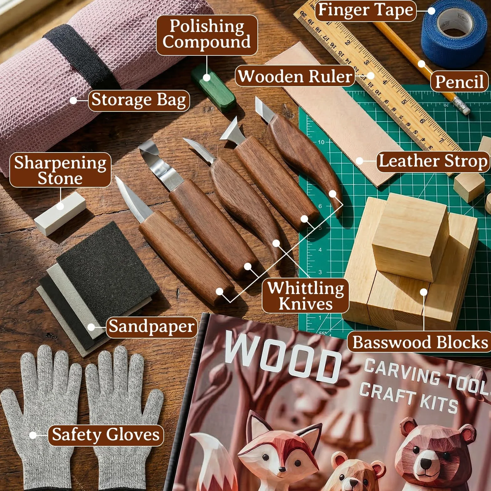 PUYUKO Kit de Tallado en Madera 26 Piezas con 5 Cuchillos, 8 Bloques de Tilo, Cuero de Afilar y Bolsa