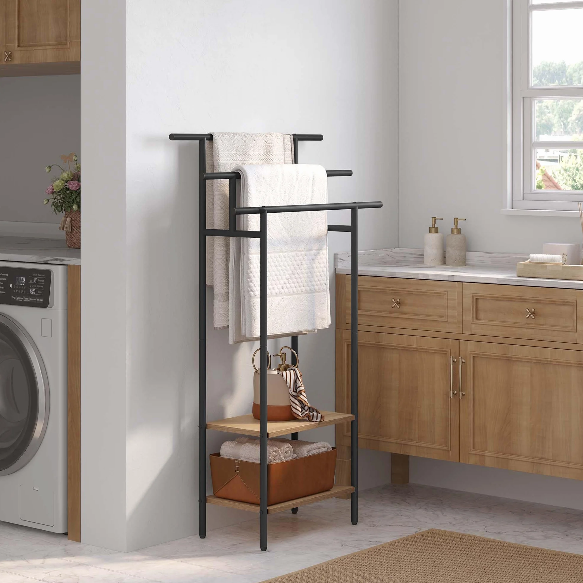 EUGAD Toallero de Baño de Pie, Soporte Toallas con 3 Barras y 2 Estantes, Gran Espacio de Almacenamiento, Toallero Escalera de Madera y Metal, Negro+Roble Claro