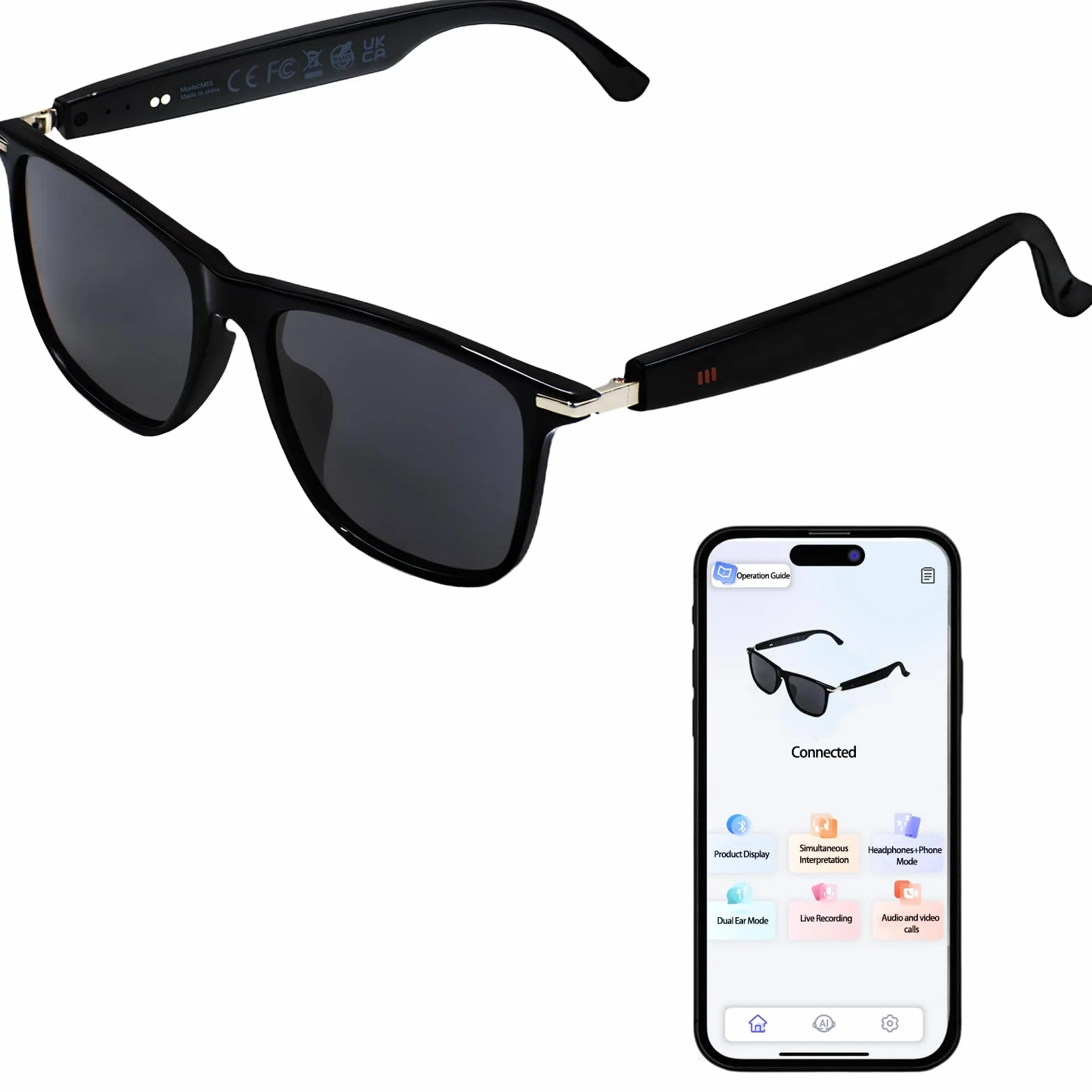 Gafas Inteligentes con Bluetooth, AI Translator Gafas de Sol Hombre y Mujer con Micrófono para Llamadas por Smartphone Escuchar Música Anti UV Impermeables, 110+ Idiomas