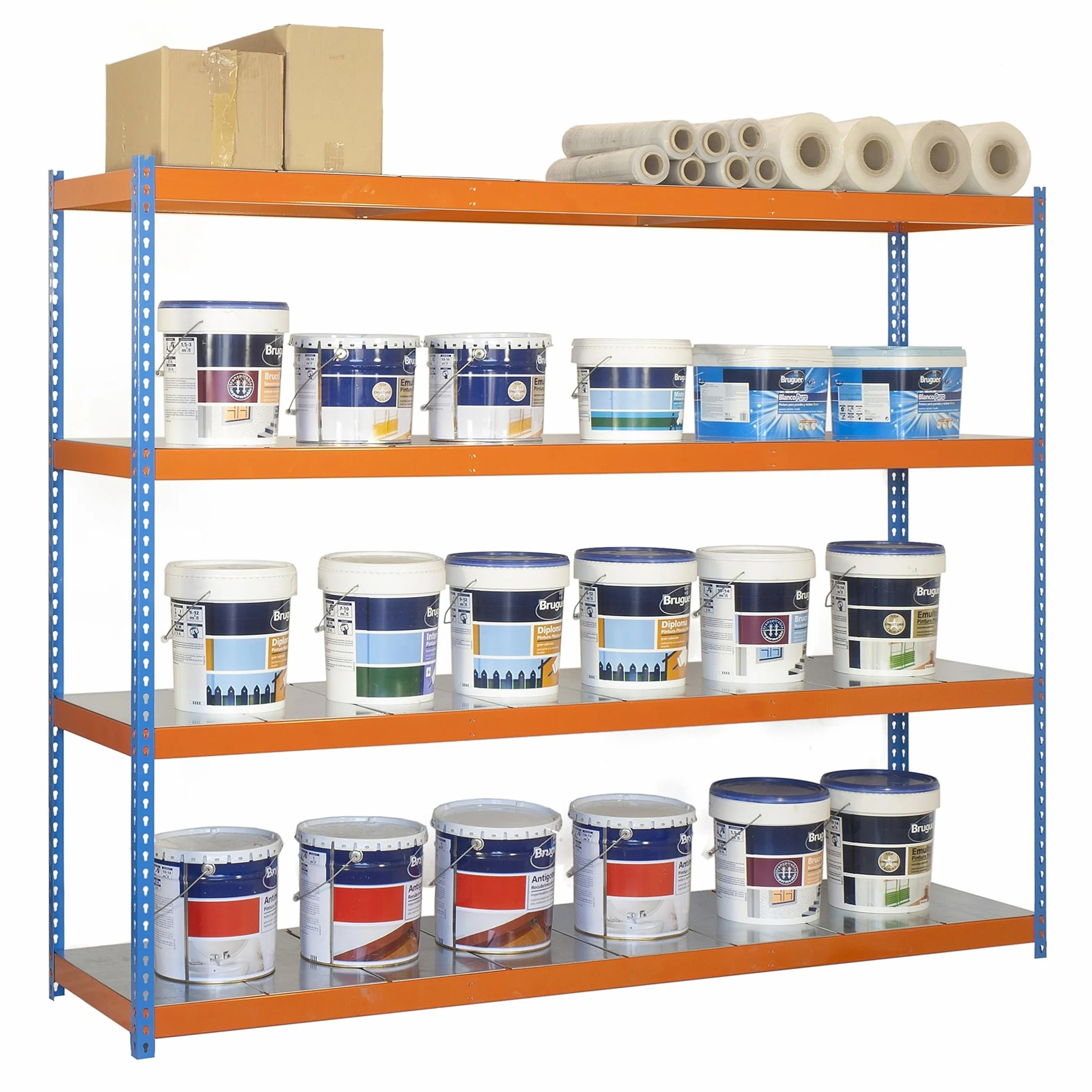 SimonRack Estantería Metálica Almacenaje, Sin Tornillos, 4 Baldas, Alta Capacidad Carga 400 kg, 2000x1200x750 mm, Estantería Taller Garaje Trastero, Azul/Naranja/Galva