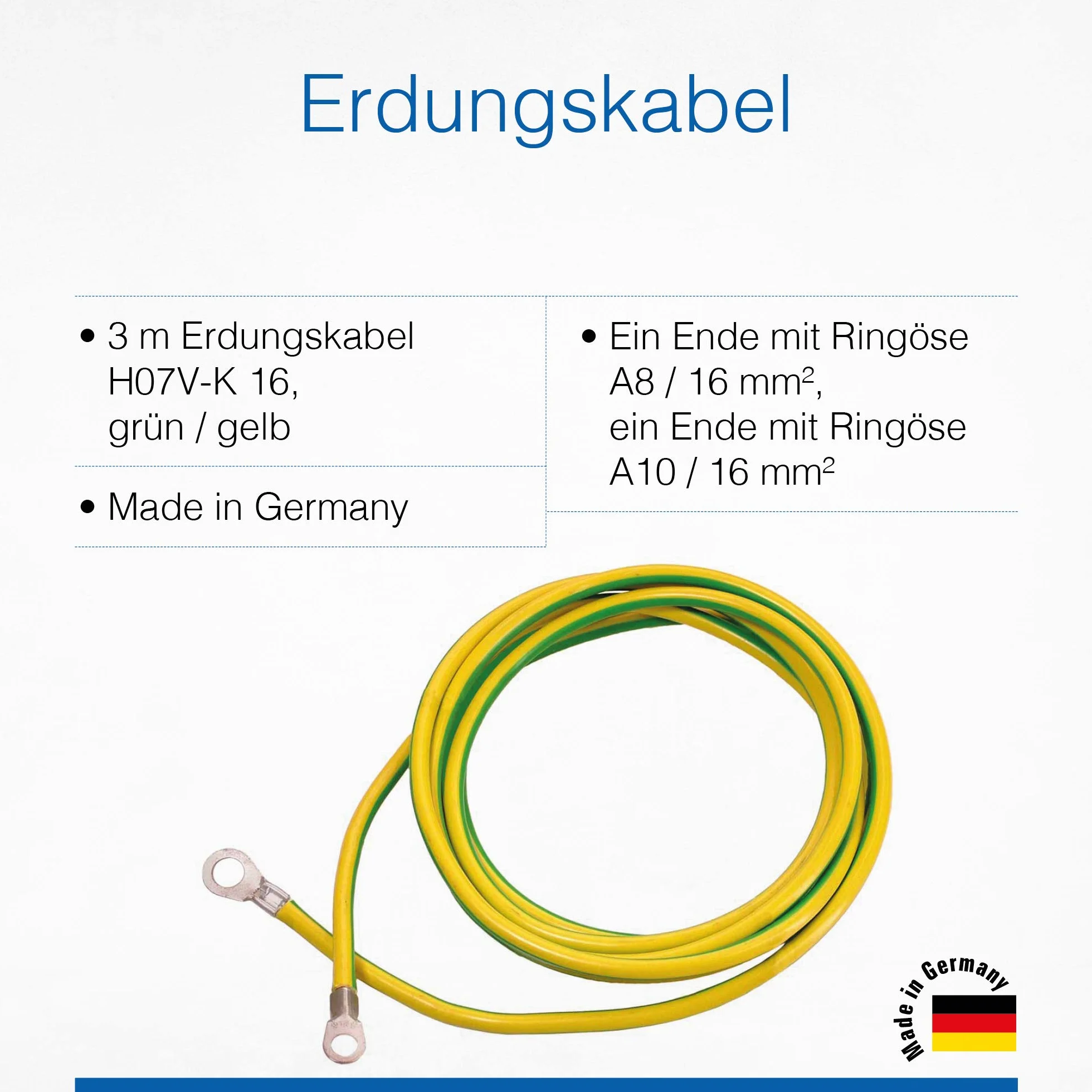 as - Schwabe - Cable de puesta a tierra - conductor de tierra de 3 m - con 1 terminal de anillo A8 / 16mm², y 1 zapata de tierra A10 / 16mm² - Fabricado en Alemania - amarillo/verde I 70869