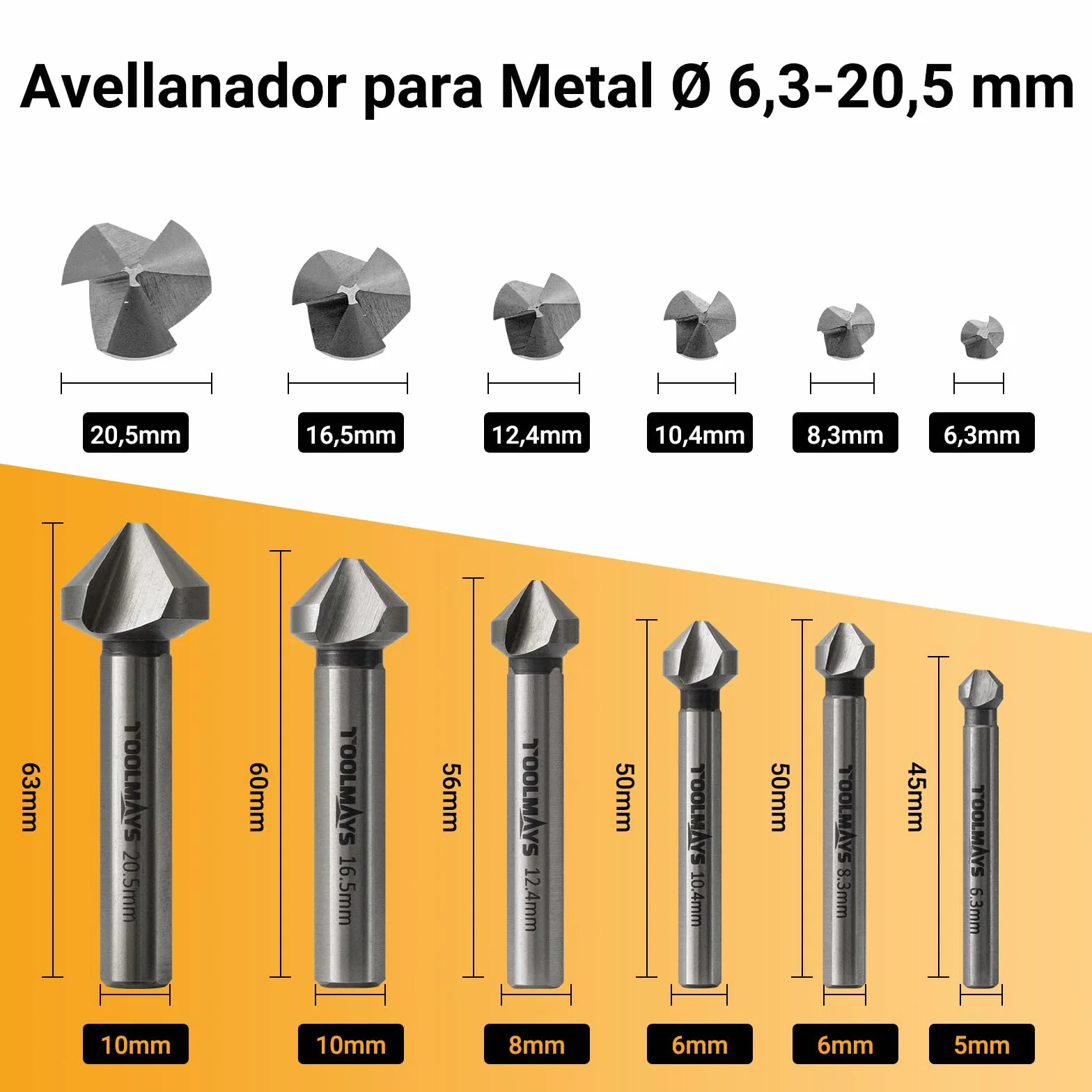 Avellanador Para Metal y Madera M35 Cobalto Ø 6,3-20,5 mm | 6pzs HSS-E 90° Brocas Avellanadoras con 3 Caras para Acero Inoxidable, Cobre, Aluminio y Plástico