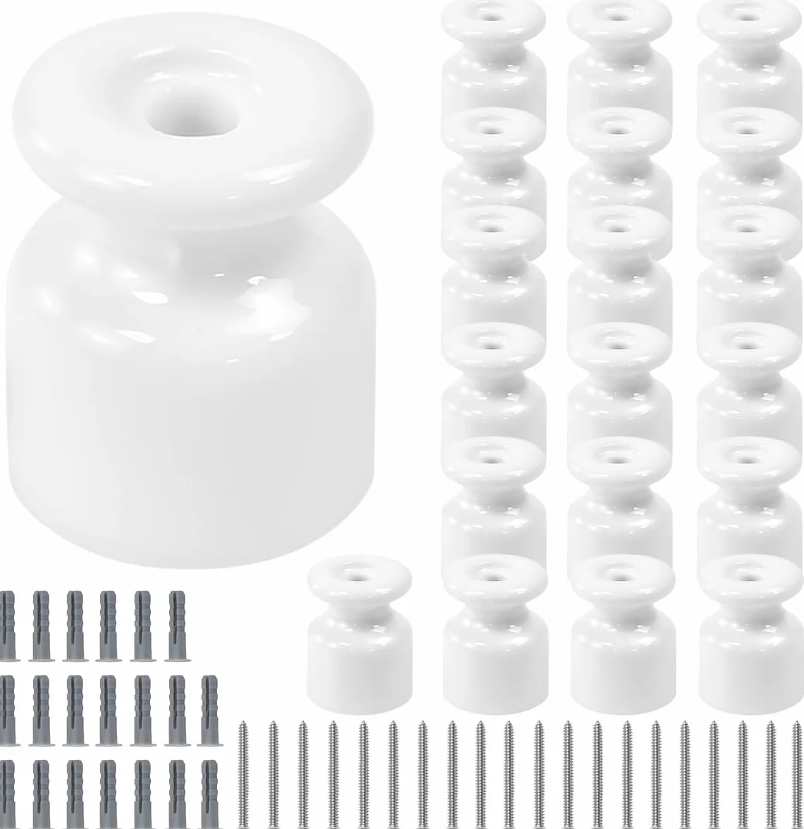 50PCS Aisladores de Porcelana para Cable Trenzado Ø19 mm, Abrazadera Cable Porcelana, Aisladores de Ceramica Blanco, Aislante dePorcelana con Tornillos y Tacos para Seguridad deCable Eléctrico