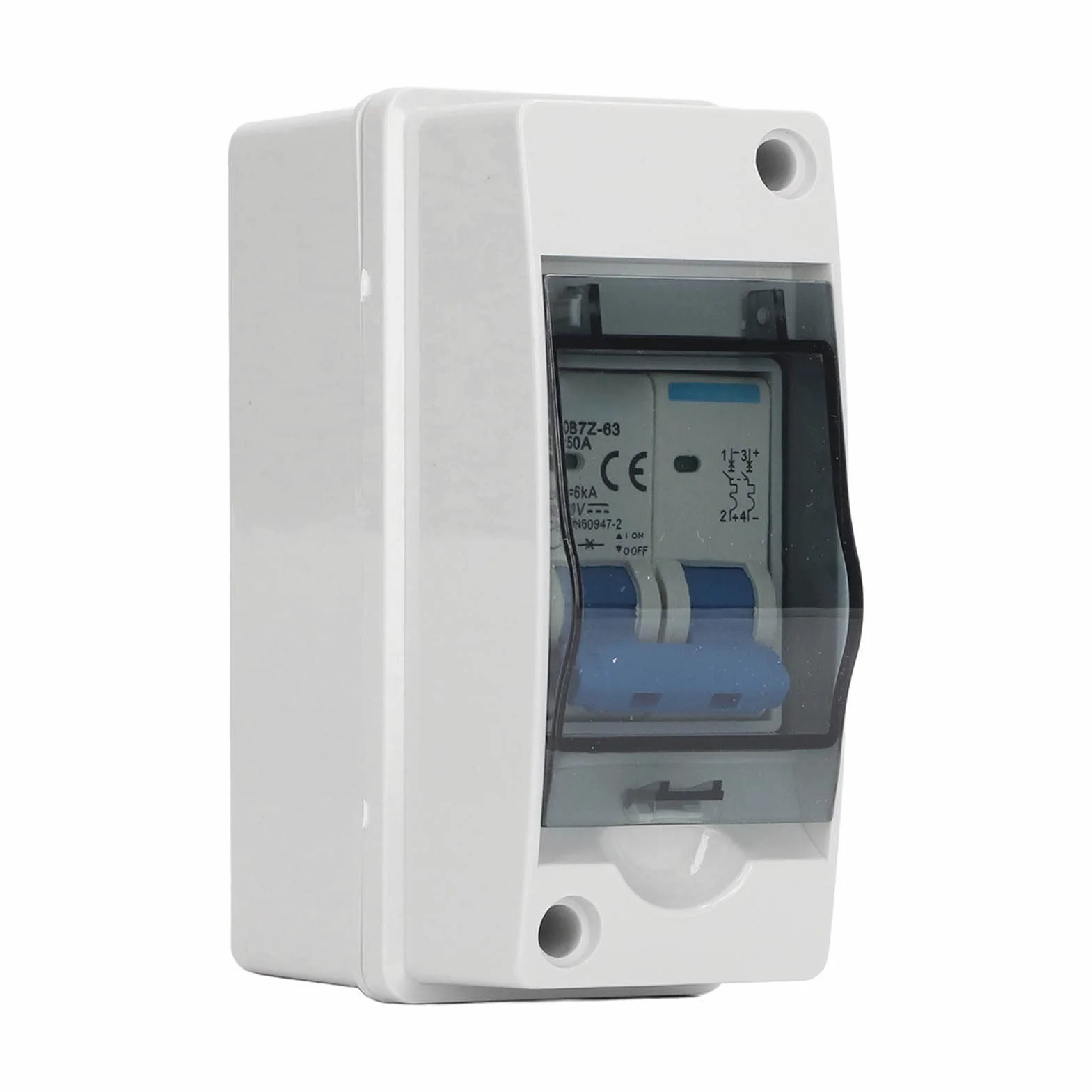 Asixxsix Interruptor de circuito en miniatura CC, 2 polos, 1000 V, 50 amperios, interruptor de desconexión solar con caja impermeable IP65, aislador de circuito fotovoltaico para paneles solares,