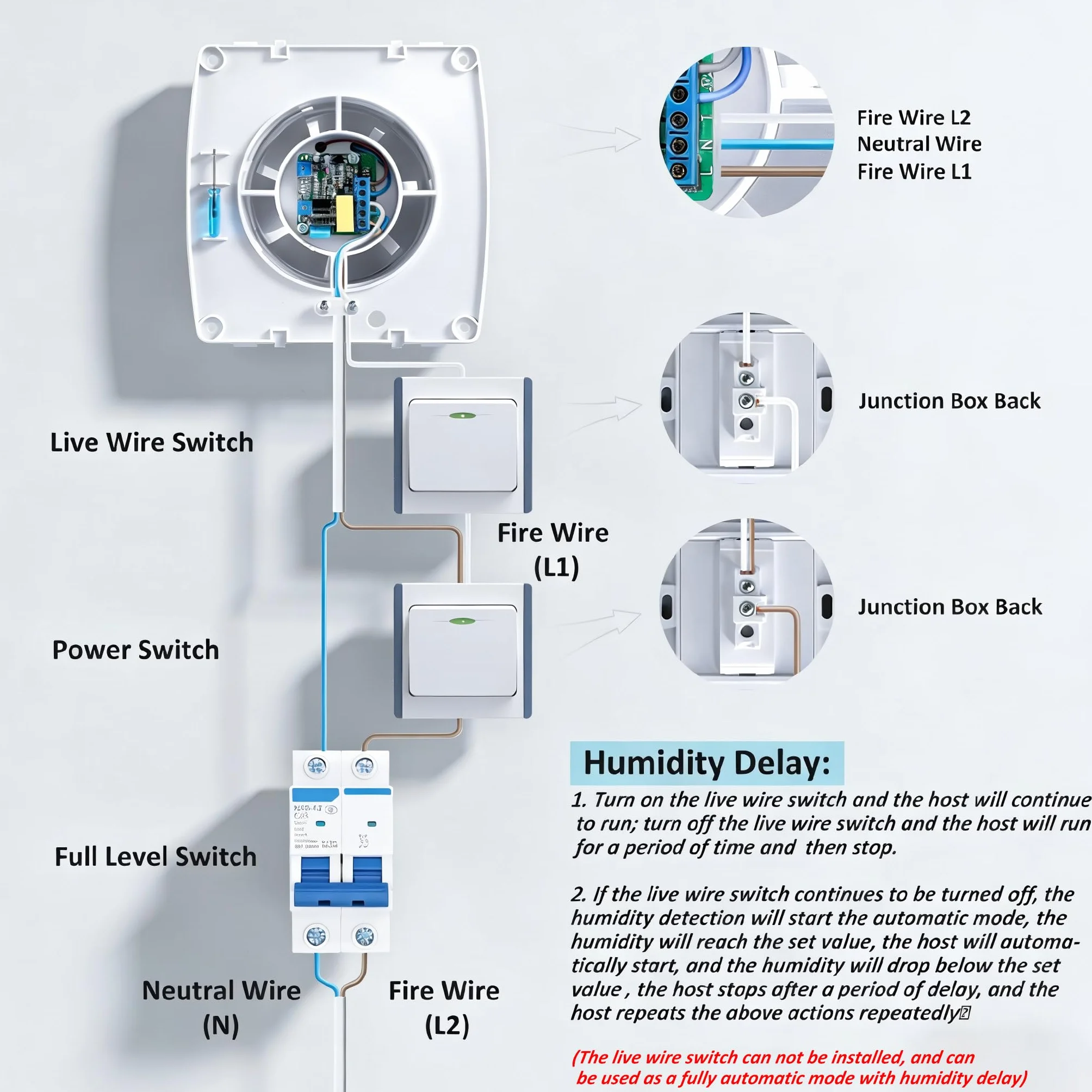 Extractor de aire 150 mm Sensor de temperatura y humedad 25 W 250 m³/h Ventilador de pared con válvula antigolpes, anillo de montaje de ventana, toma para cocina, WC, cuarto de baño
