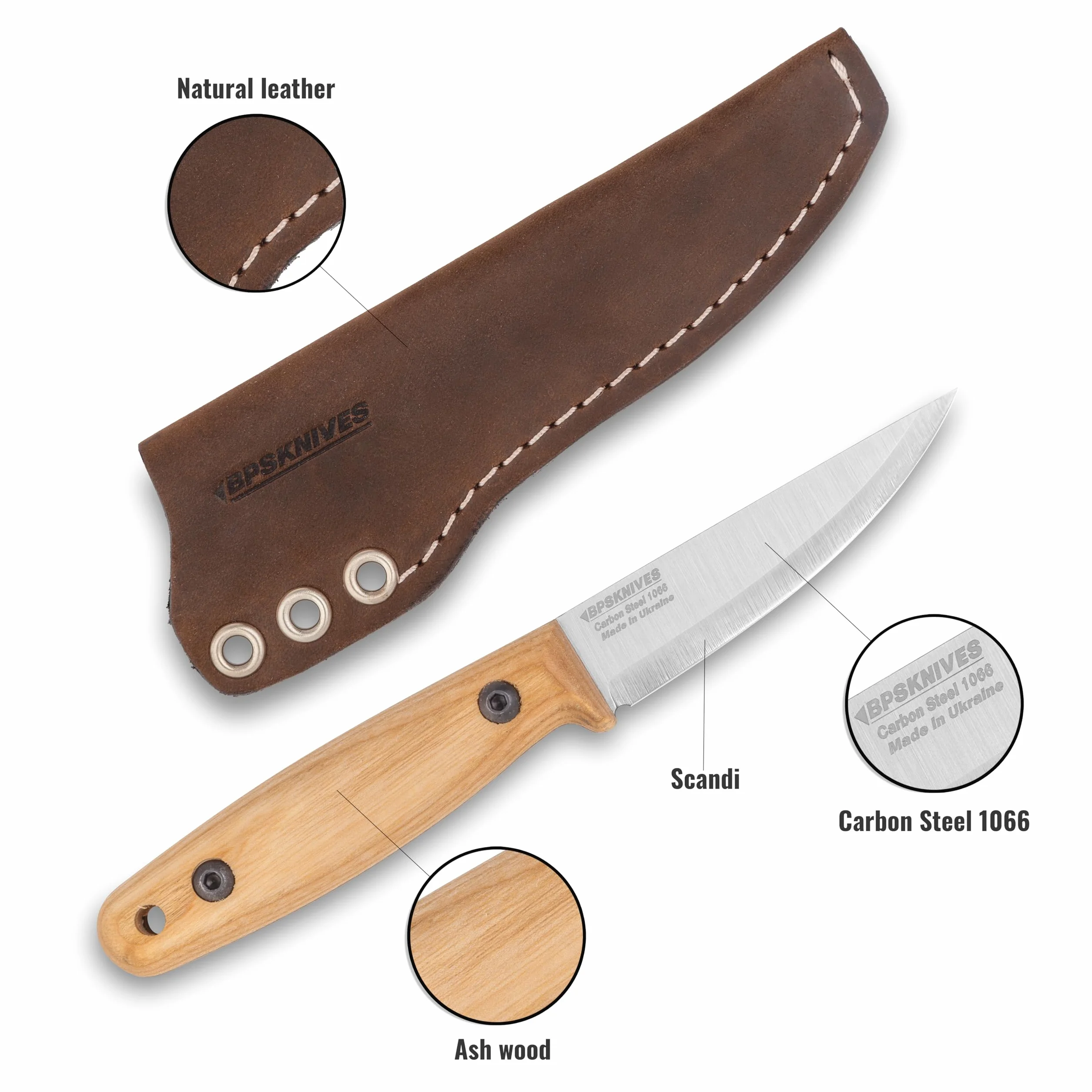 BPSKNIVES Finn Lite - Cuchillo Puukko - Cuchillo de hoja fija de acero al carbono con funda de cuero - Cuchillo pequeño de espiga completa - Cuchillos de campamento - Cuchillo de campamento escandina