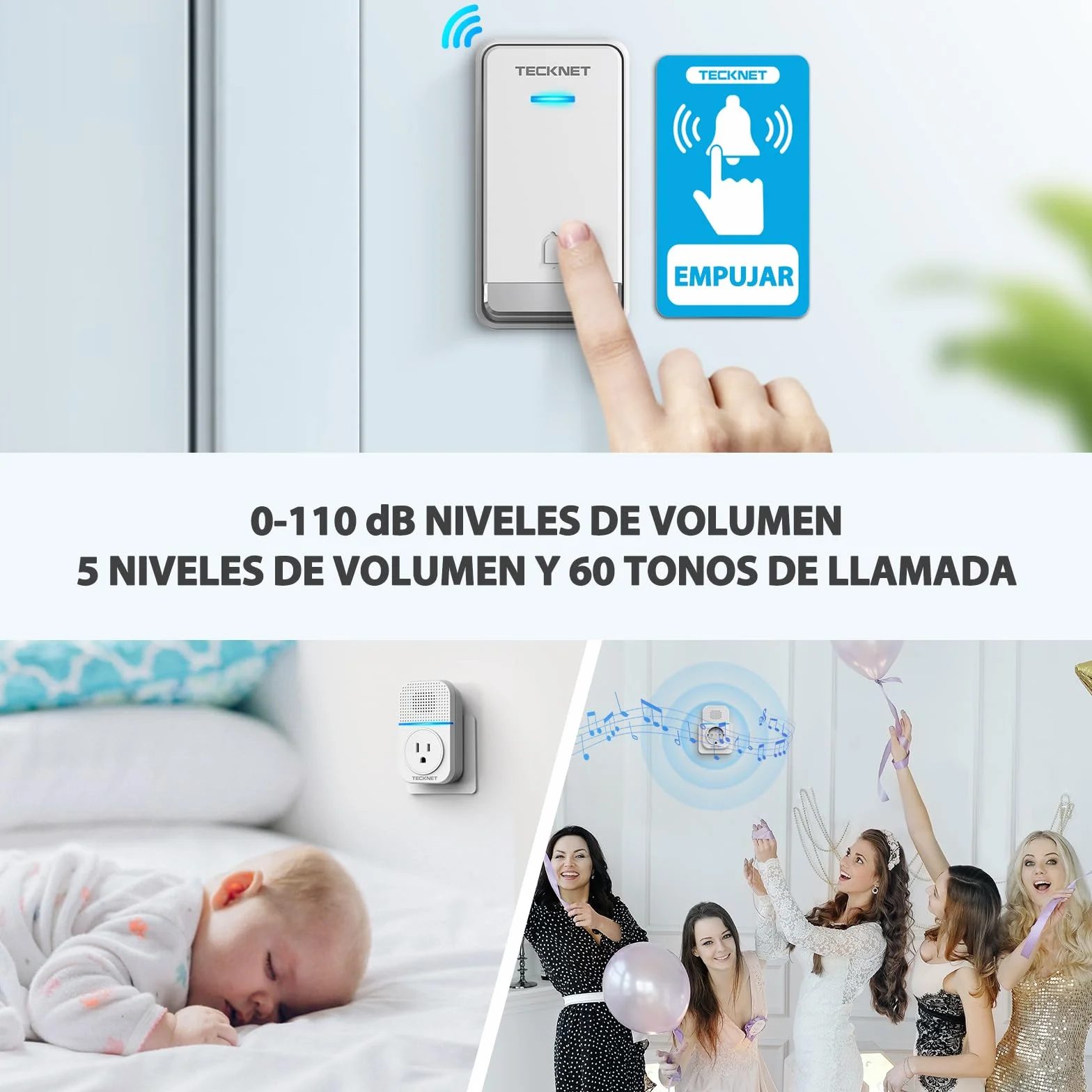 TECKNET Timbre Inalámbrico Exterior Impermeable con Enchufe, 400m Alcance Timbre Casa Autoalimentado, IP65 Timbre para Puerta sin Pilas con Indicadores LED, 60 Melodías Rango, 5 Niveles de Volumen