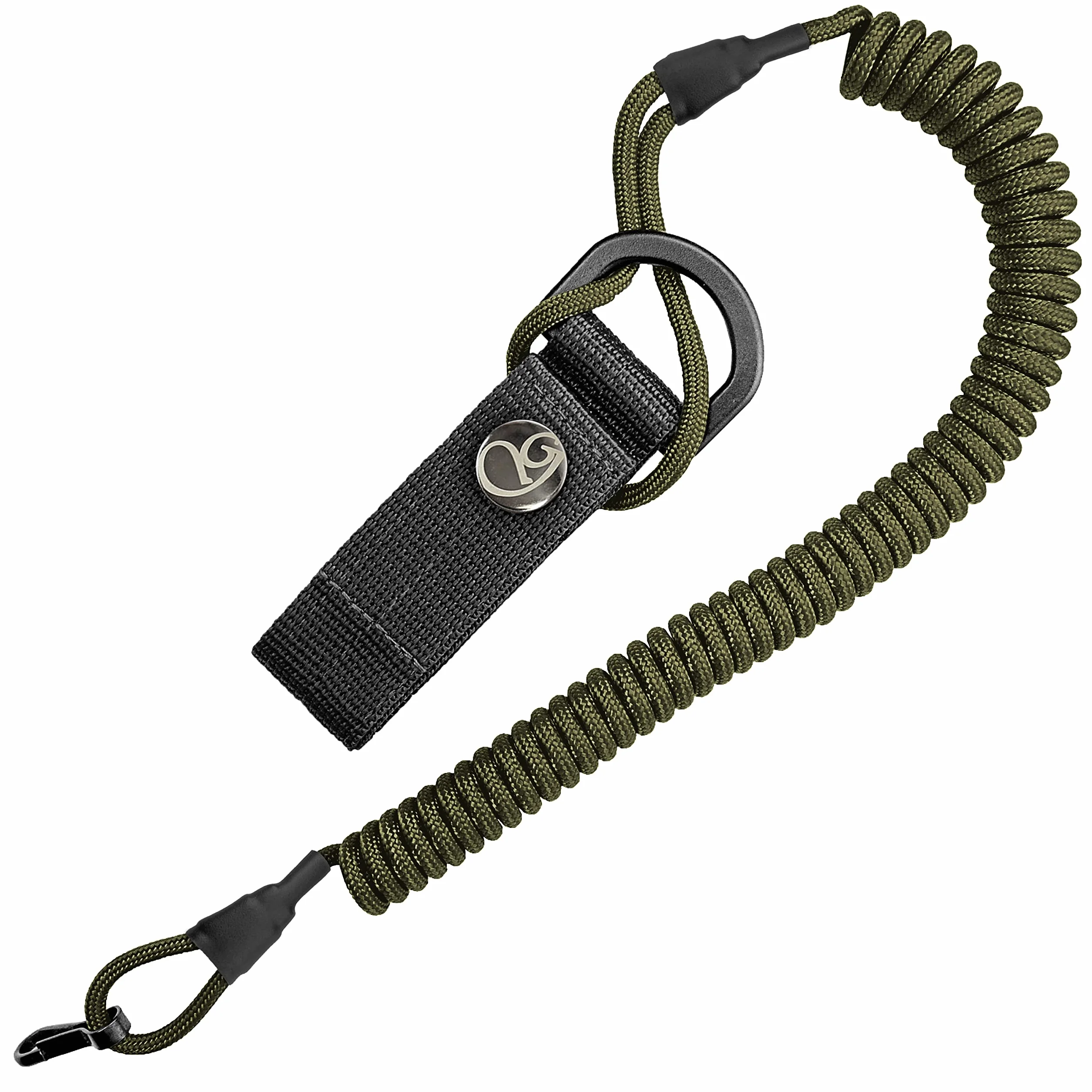 Lanyard elástico con cable espiral, mosquetón y funda de paracord, soporte RSG, verde oliva, 48-150 cm, 4 mm