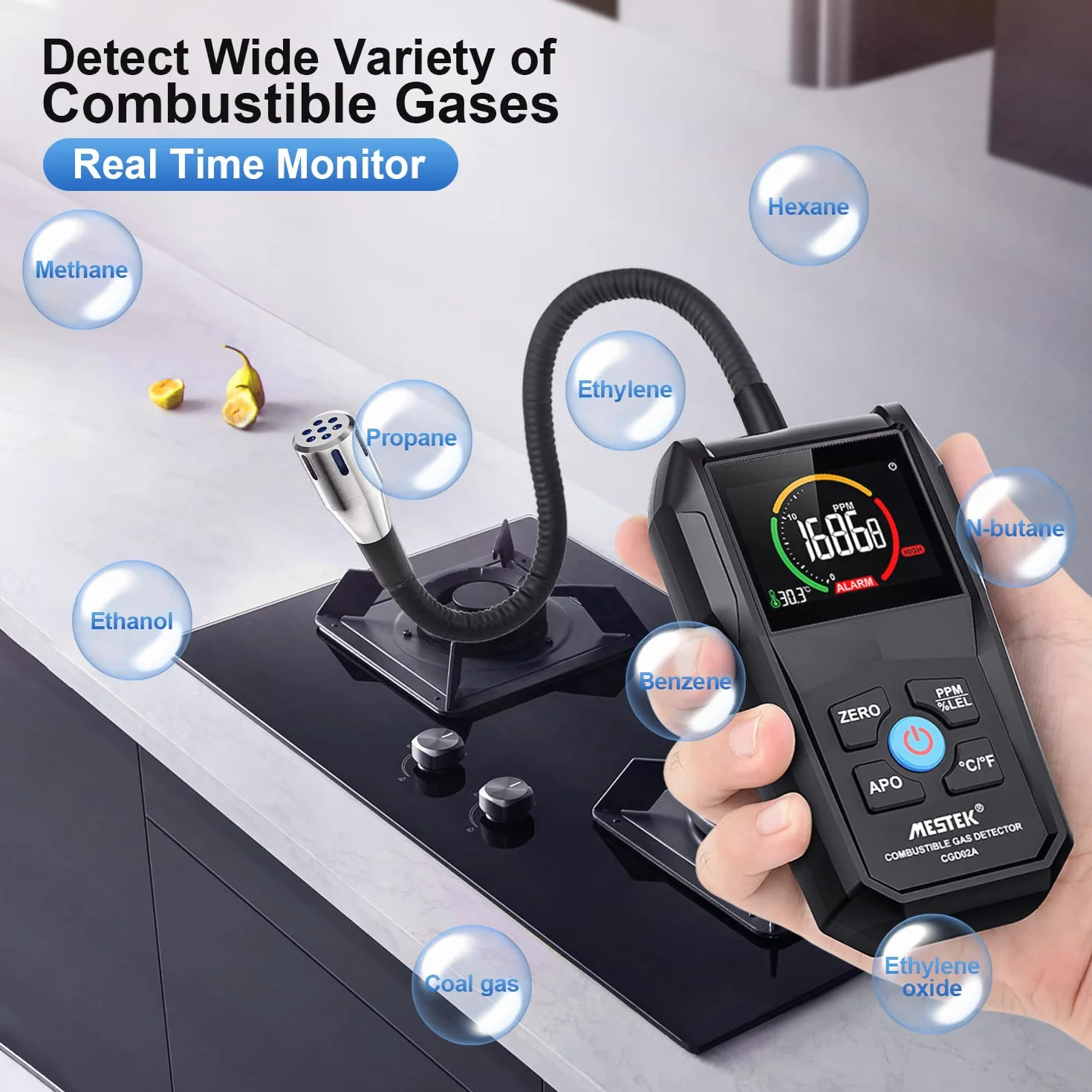 Detector de Gas Natural Detector de Fugas de Gas MESTEK Butano Propano Metano Ciudad LPG LNG Combustible Gas Sensor Portátil Alarma de Gas con Batería LCD para Ciudad Cocina Garaje Autocaravana
