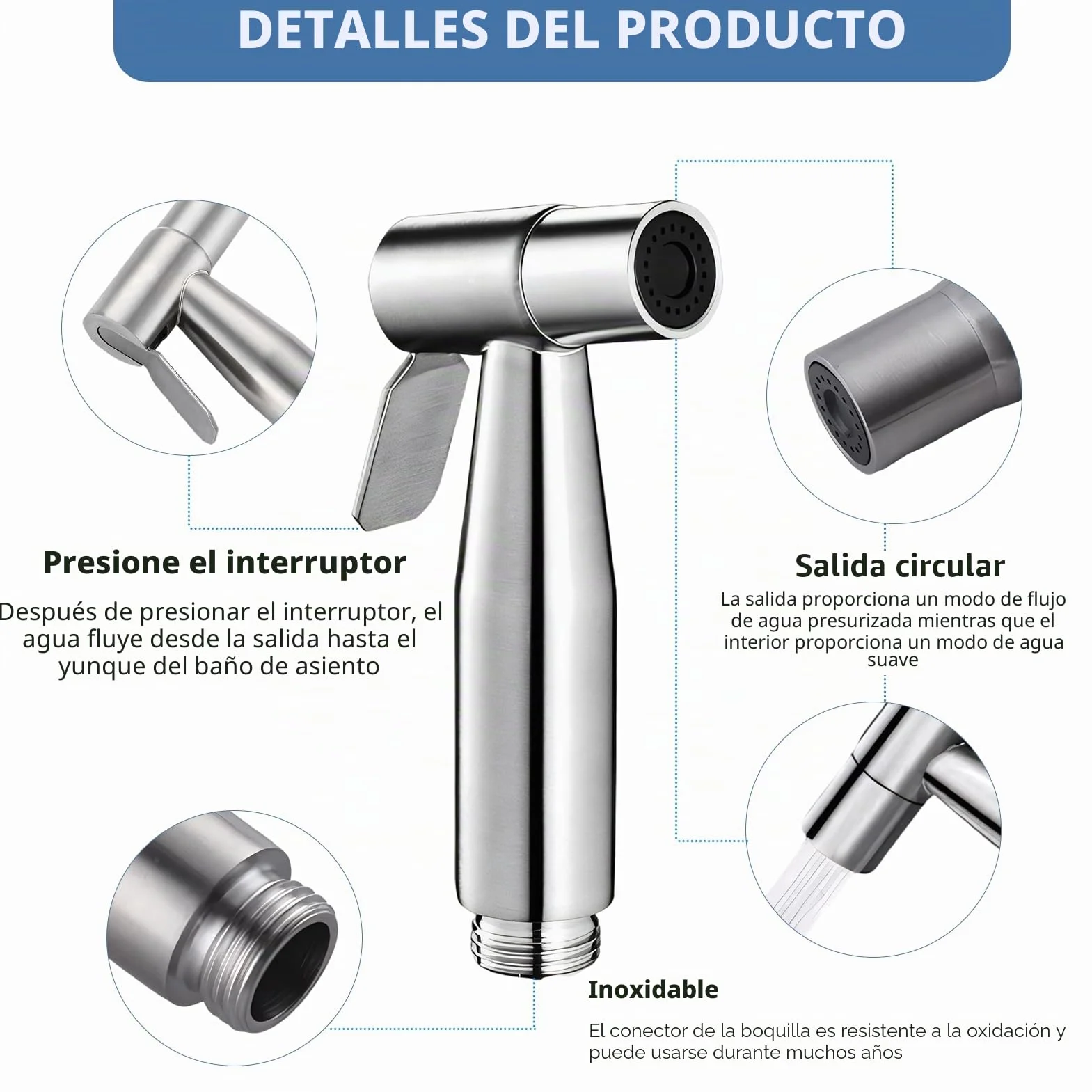 Ducha Bidet Acero Inoxidable, Grifo Portátil para WC Kit Ducha Lavabo, Soporte Adaptador Manguera 2m