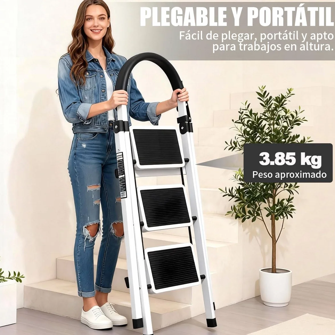 Escalera Plegable 3 peldaños con pasamanos y con Pedal Antideslizante | Taburete Multifuncional con Superficie | Escaleras Plegables Domésticas | Step Ladder para Hogar (3 escalones)