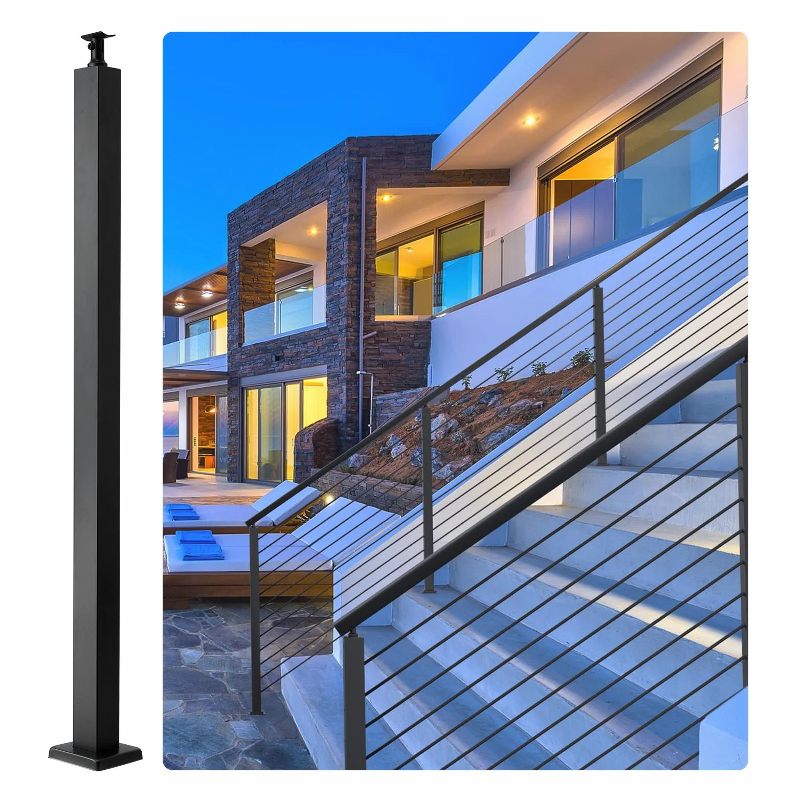 VEVOR Poste de Barandilla de Cable de Acero de 91,4 x 5 x 5 sin Agujeros, Poste de Riel de Cable de Acero Inoxidable SUS304, Poste de Pasamanos de Escalera con Soporte Horizontal y Curvado, Negro
