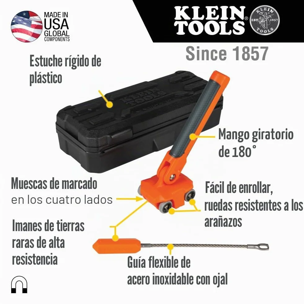 Klein Tools 50611 Extractor de alambre magnético, encuentra y tira de cables de alambre detrás de paredes o espacios reducidos, líder de acero inoxidable, imán de tierras raras