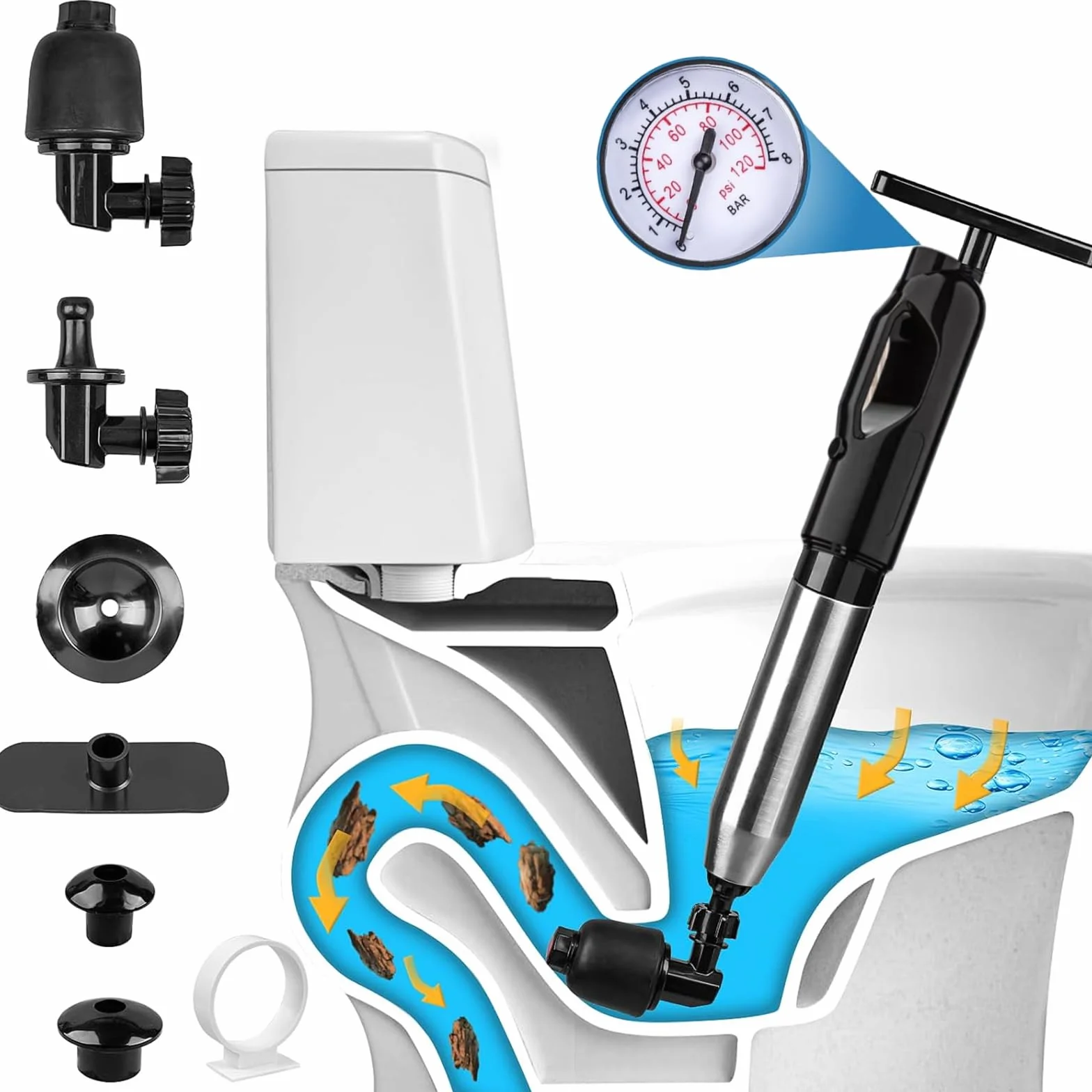 Desatascador de Tuberías con Aire Comprimido, Limpiador de inodoro con para Desagües e Inodoro Desatascador Inflable de alta presión para Inodoro Lavabo Bañera Tubería Plato (2ª gen, Negro)
