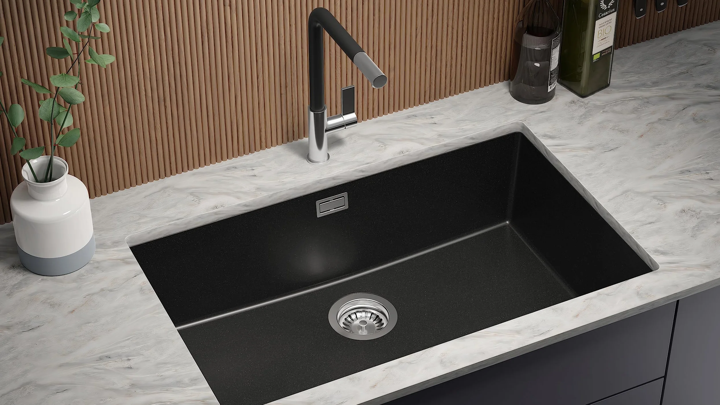 PRIMAGRAN Fregadero bajo Encimera Negro 76x47cm, Cocina 1 Seno + Sifón, Granito al Mueble 80cm - London S477