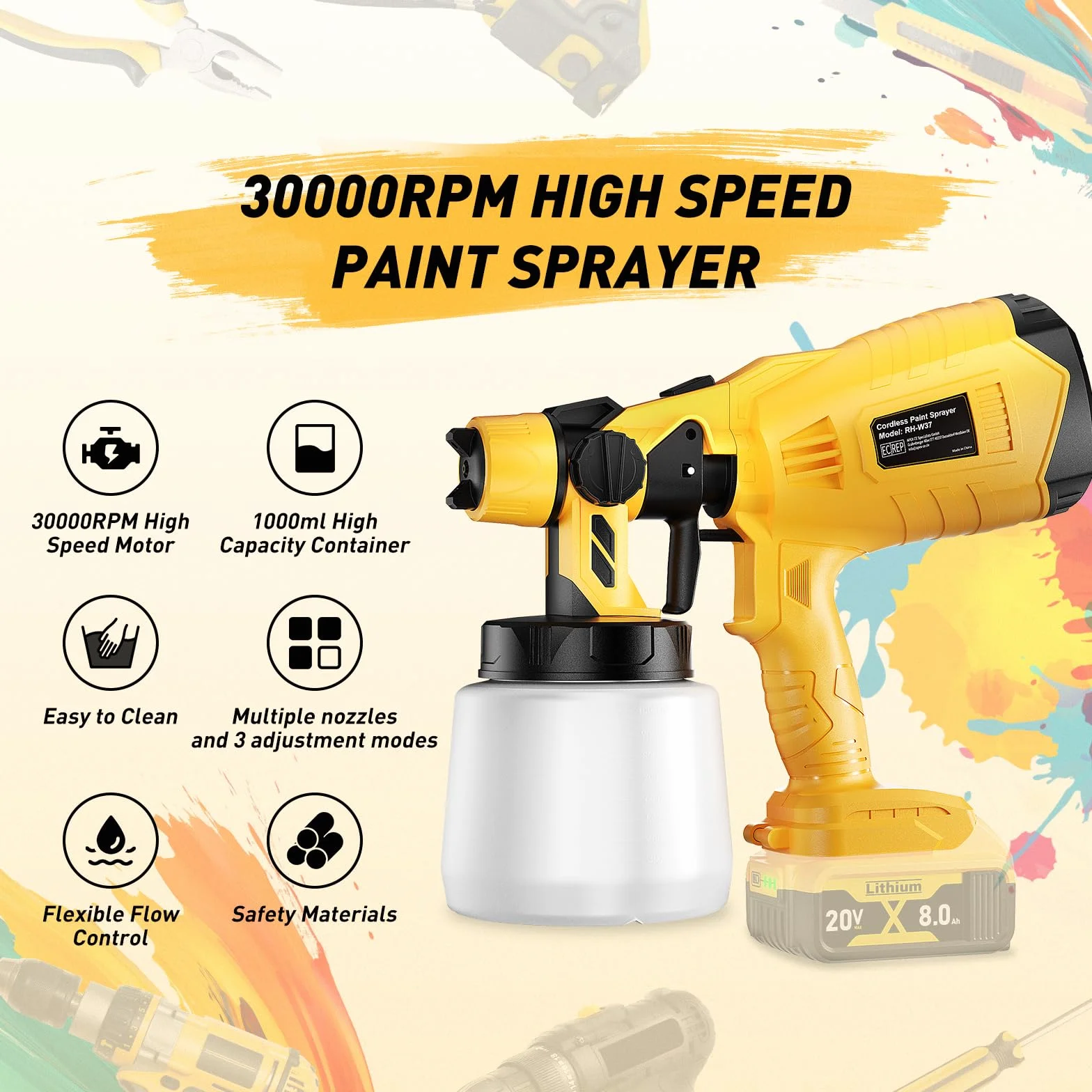 Pulverizador de Pintura Inalámbrico para dewalt 18v 20v Batería, pulverizador de Pintura inalámbrico para Vallas y terrazas, Pistola pulverizadora de Pintura a Mano (sin batería)