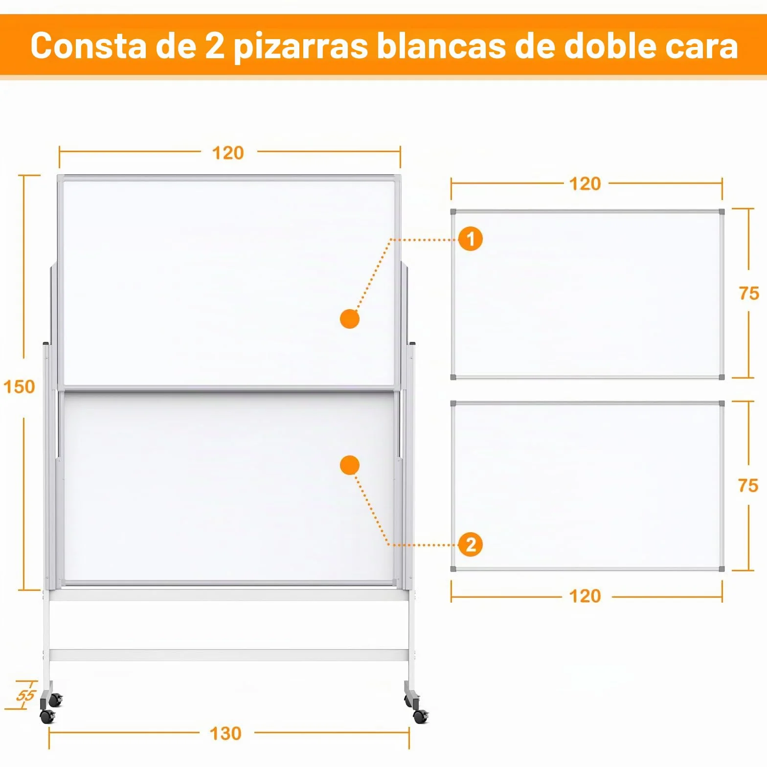 Maxtek Pizarra Blanca Móvil Regulable en Altura 150×120 cm, Doble Cara Magnética 120×75 cm, Whiteboard con Ruedas Marco Aluminio