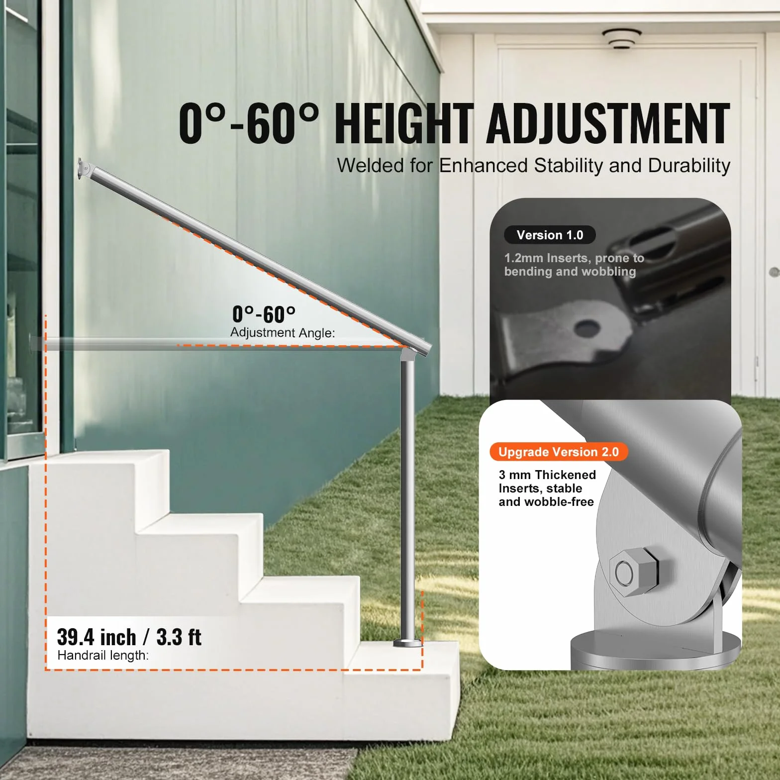 VEVOR Barandilla de Escalera 100 cm Pasamanos de Escalera para Escalones Exteriores de Acero Inoxidable Montaje en Pared y Suelo con Kit de Instalación para Personas Mayores, Porche, Terraza, Plata