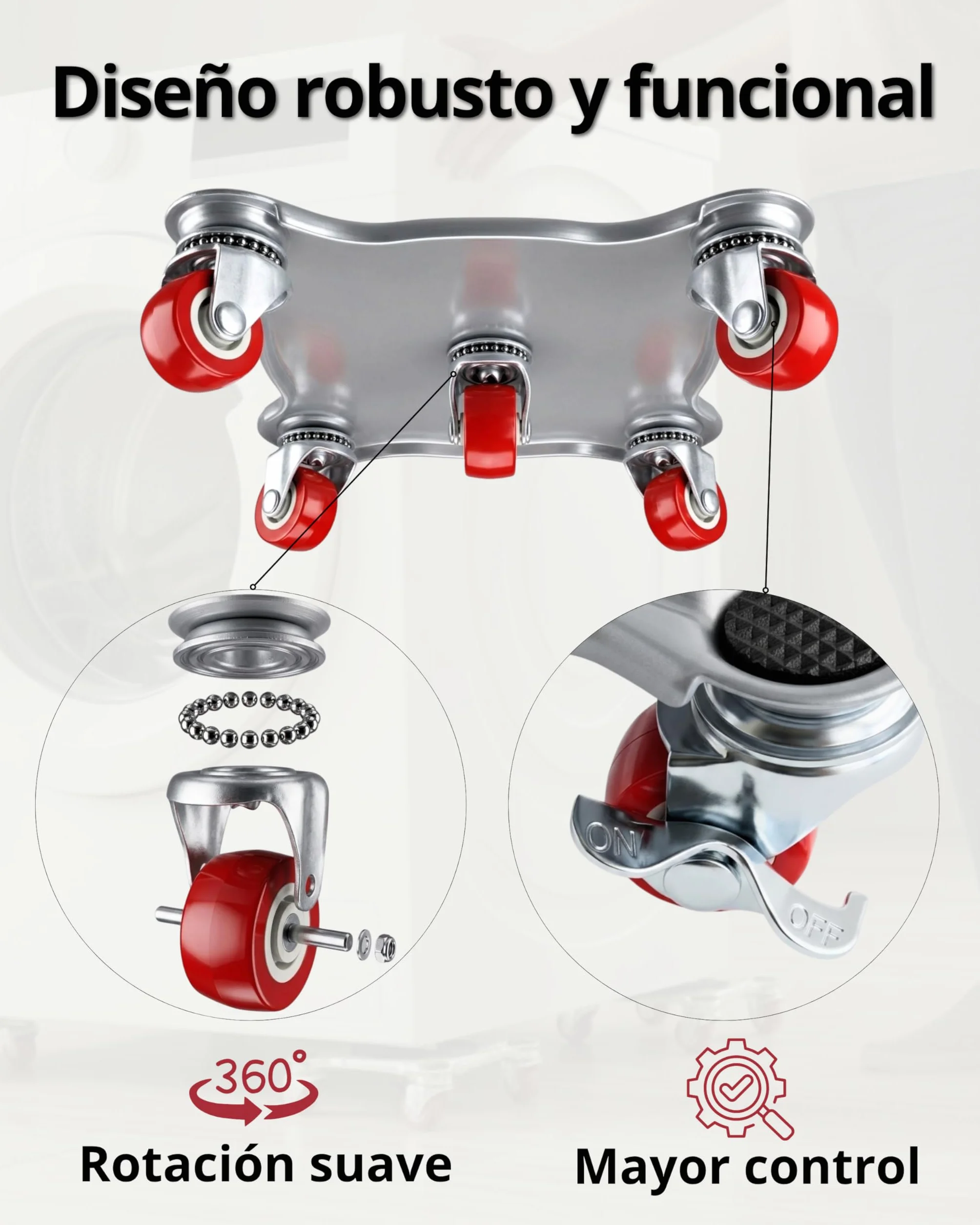 Kit para Mover Muebles Pesados | 4 Plataformas Acero Reforzado con 5 Ruedas 360° y 2 Frenos | Palanca Elevadora Extensible | hasta 800 kg | Protege Parquet y Suelo