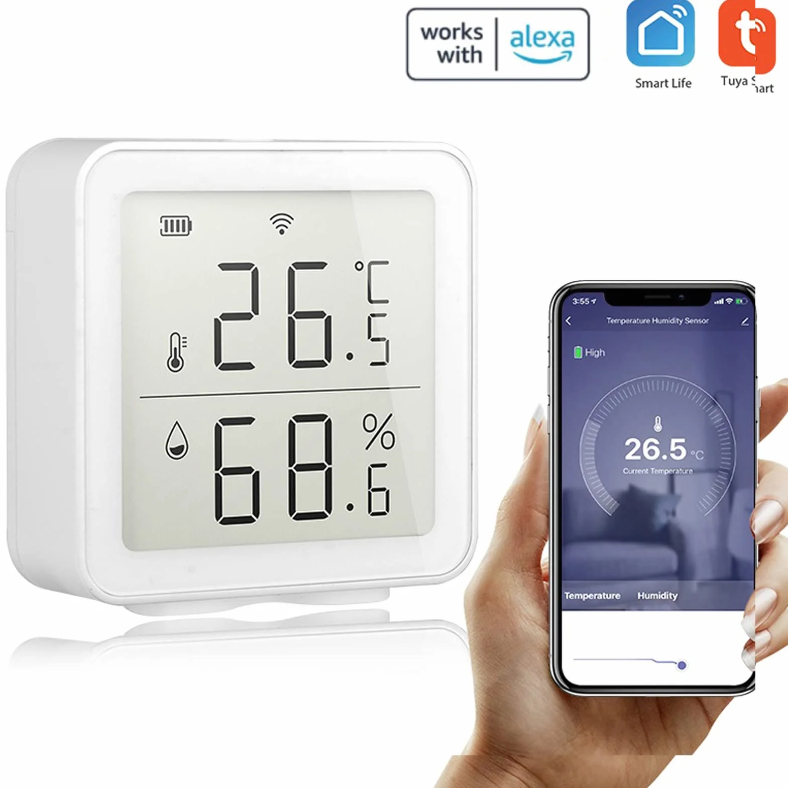 WiFi Tuya Sensor de Temperatura inalámbrico, Smart Life Digital Termómetro Higrómetro Interior, Compatible con Alexa, con Almacenamiento de Datos y Funciones de Alarmar