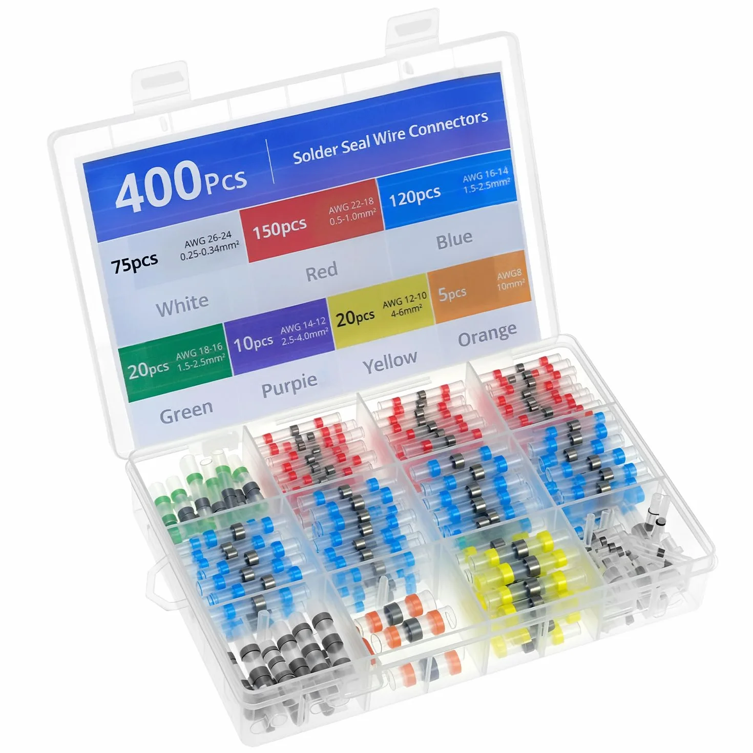 QWORK 400pcs Conectores a Tope para Soldadura Retráctil 26-8 AWG Terminales Impermeables Tubo Termorretráctil 3:1