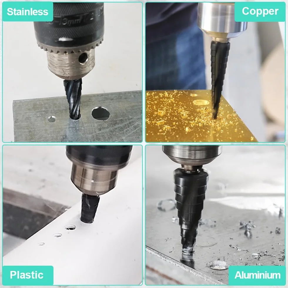 Broca Escalonada M35 Co HSS con Recubrimiento AlTiN (4-22mm), Broca Cónica de Alta Dureza para Acero Inoxidable y Metales Duros, Vástago Hexagonal de Cambio Rápido, 10 Pasos para Bricolaje