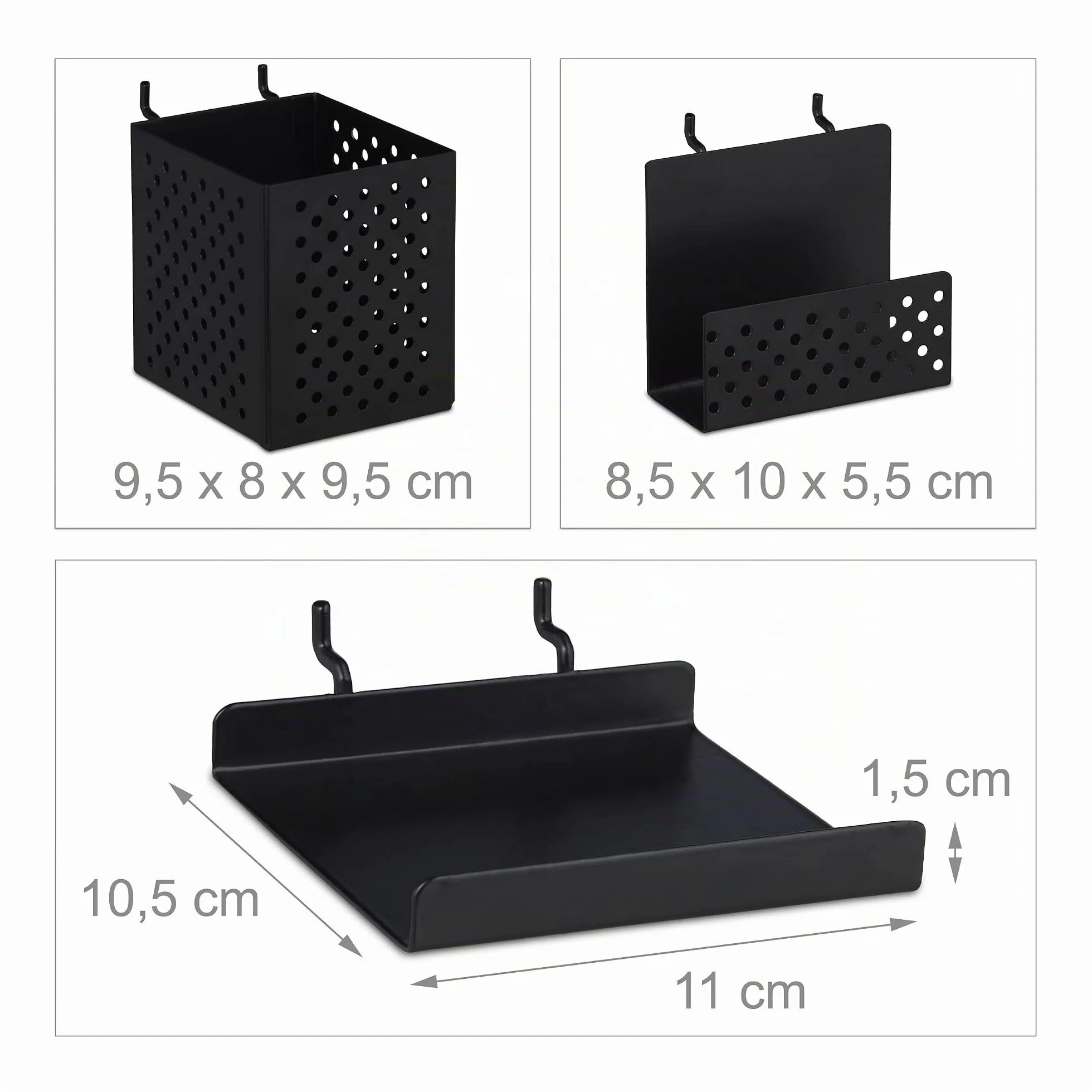 Relaxdays Panel Perforado para Herramientas, Metal, 45 x 45 cm, Tablero Pared Taller 9 Piezas, Portaherramientas, Negro