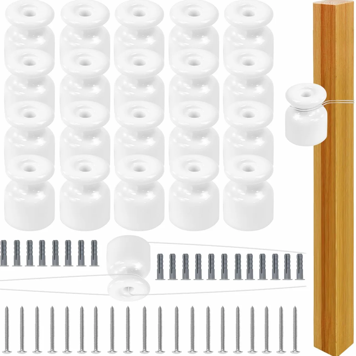 20PCS Aisladores de Porcelana para Cable Trenzado Ø19 mm, Abrazadera Cable Porcelana, Aisladores de Ceramica Blanco, Aislante dePorcelana con Tornillos y Tacos para Seguridad deCable Eléctrico