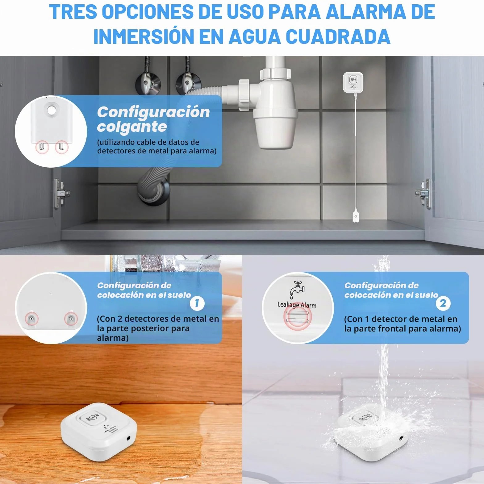 Detector de Fugas de Agua WiFi 100dB Alarma Sensor de Agua Tuya App 3 Tipos Detección Inalámbrico Cable Sonda 105 cm