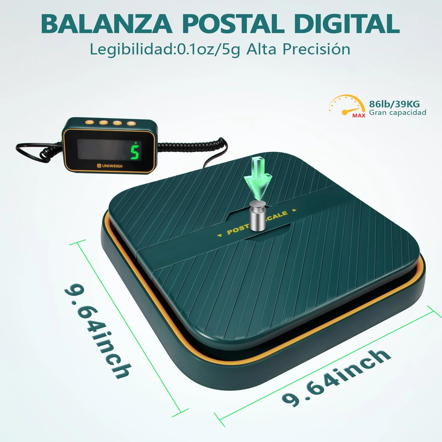 UNIWEIGH Báscula Postal Digital 39kg/86lb con Retención/Tara, Verde