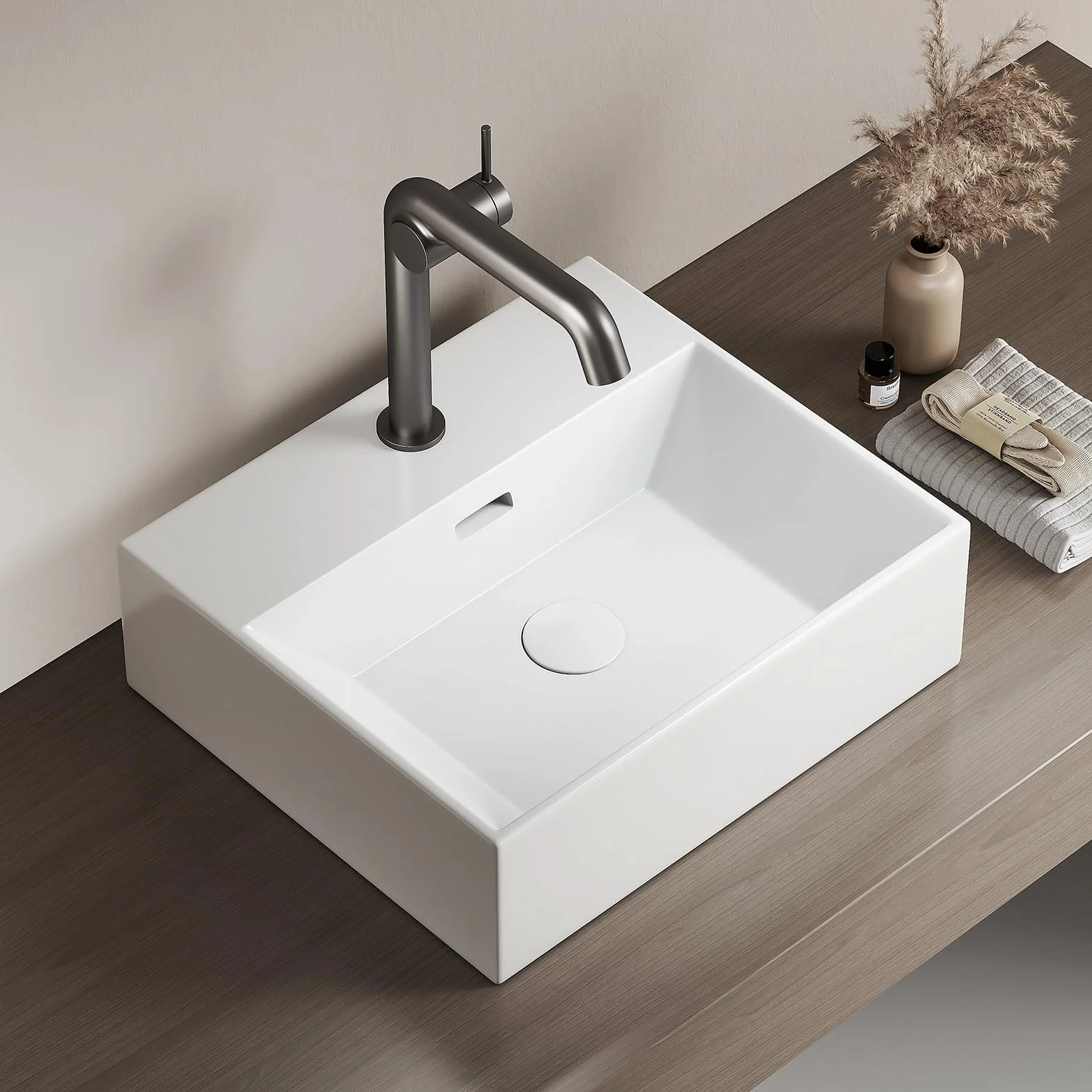 EMKE Lavabo de diseño moderno, lavabo colgante de cerámica de alta calidad con borde fino, lavabo para cuarto de baño y WC invitados, 415 x 360 x 130 mm, blanco, lavabo cuadrado, lavabo en plano