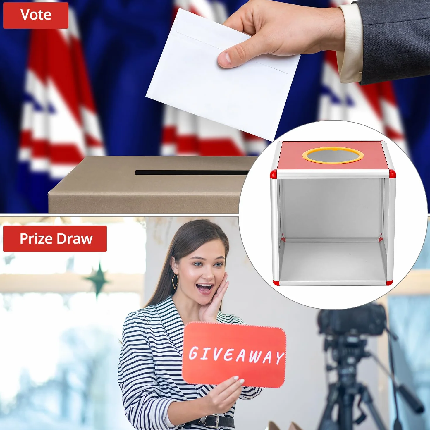 QWORK® Urna transparente 25 cm con ranura, caja de recogida con marco de aluminio y paneles acrílicos, para votación, sugerencias, donaciones y encuestas