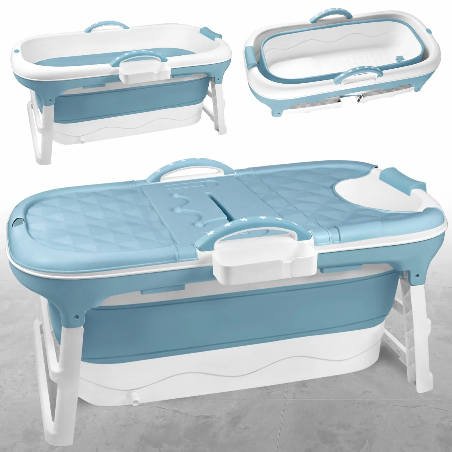 Bañera Plegable para Adultos L 118 x 62 x 53 cm, Portátil Con Tapa, Reposacabezas y Cesta de Jabón para Baño