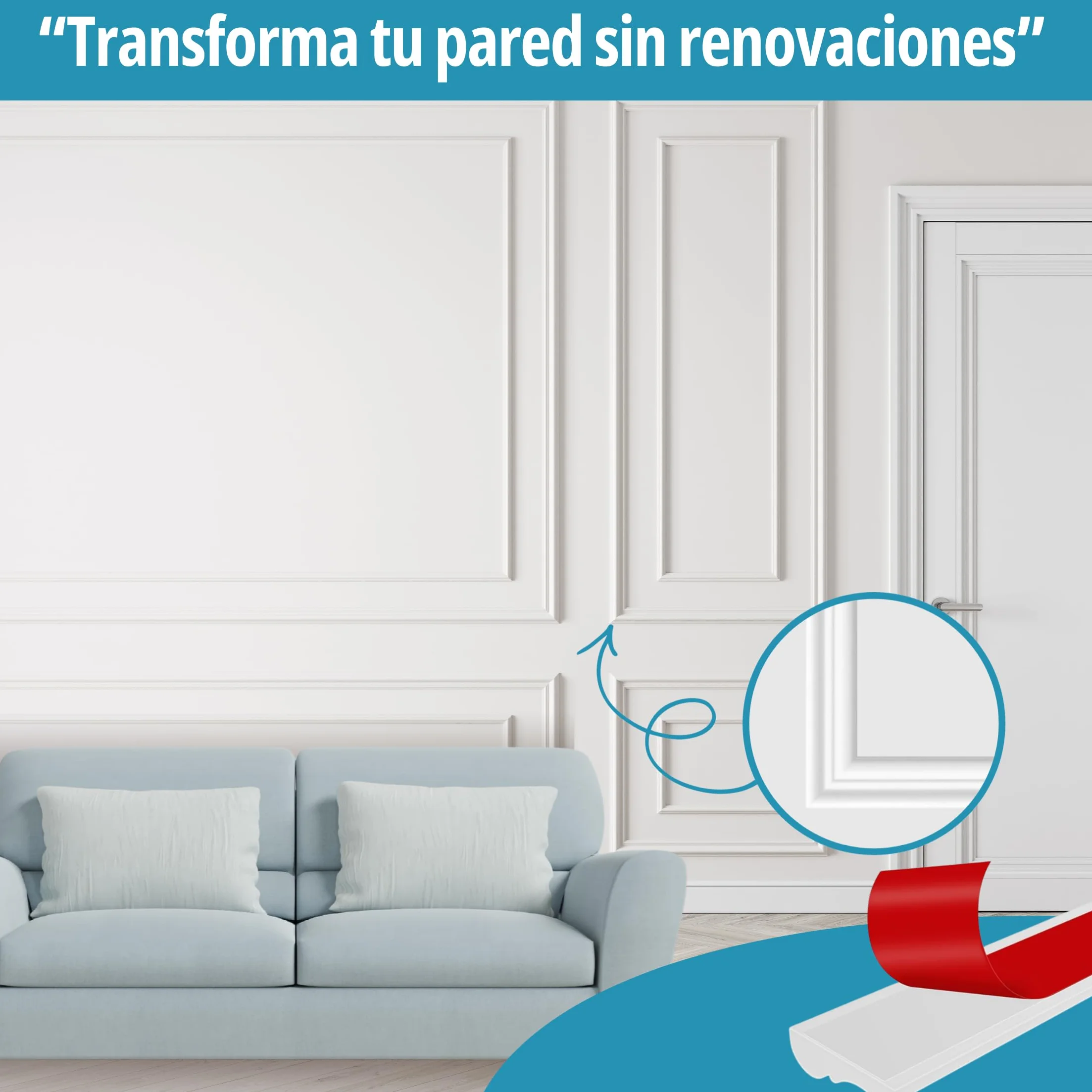 Moldura decorativa de pared autoadhesiva PVC flexible 5 m x 2,3 cm blanca interior