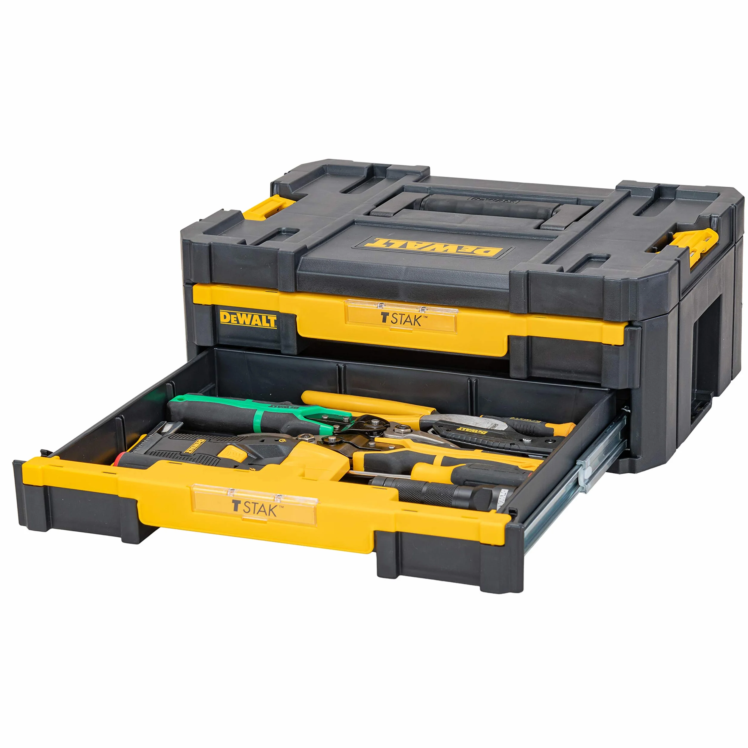 DEWALT DWST1-70706, Cajonera doble TSTAK IV, Divisores internos extraíbles, Bisagras y cierres laterales, Asa bimaterial. Medidas 440x314x176 mm, Máx. capacidad de carga 7.5kg