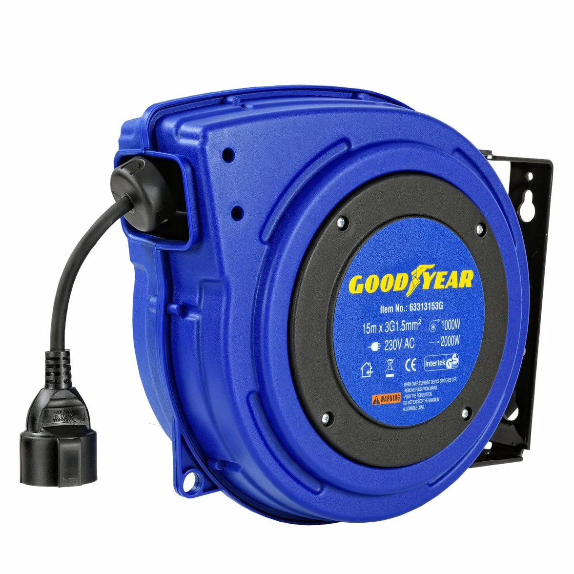 Goodyear Carrete de cable eléctrico automático Carrete de cable Carrete de cable de alto rendimiento 3G1,5mm² x 15 m con soporte giratorio Enrollado 1000W Desenrollado 2000W