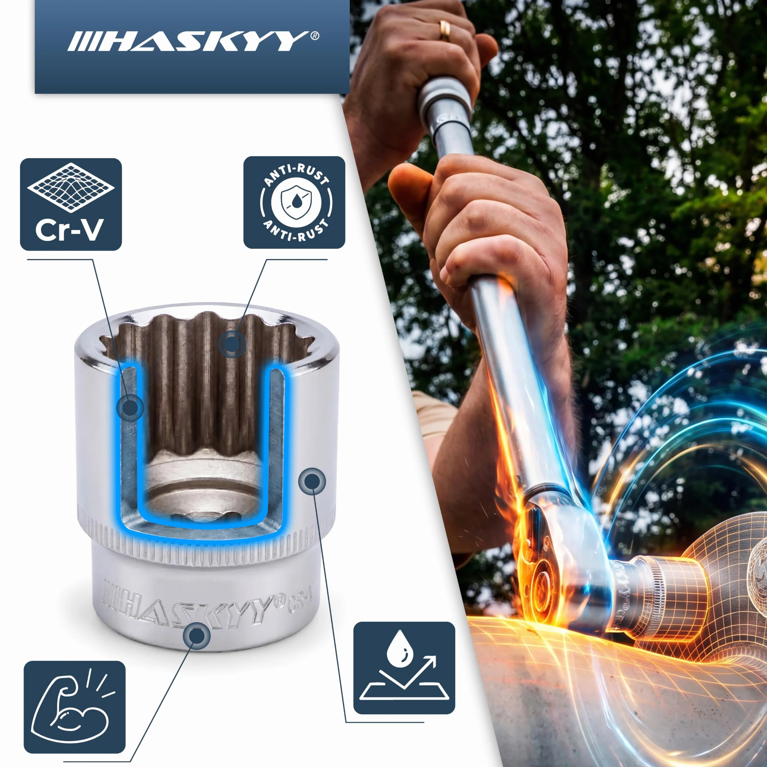 HASKYY Juego de vasos 1/2 pulgada de 12 puntas 8-36 mm - Llaves de vaso profesionales