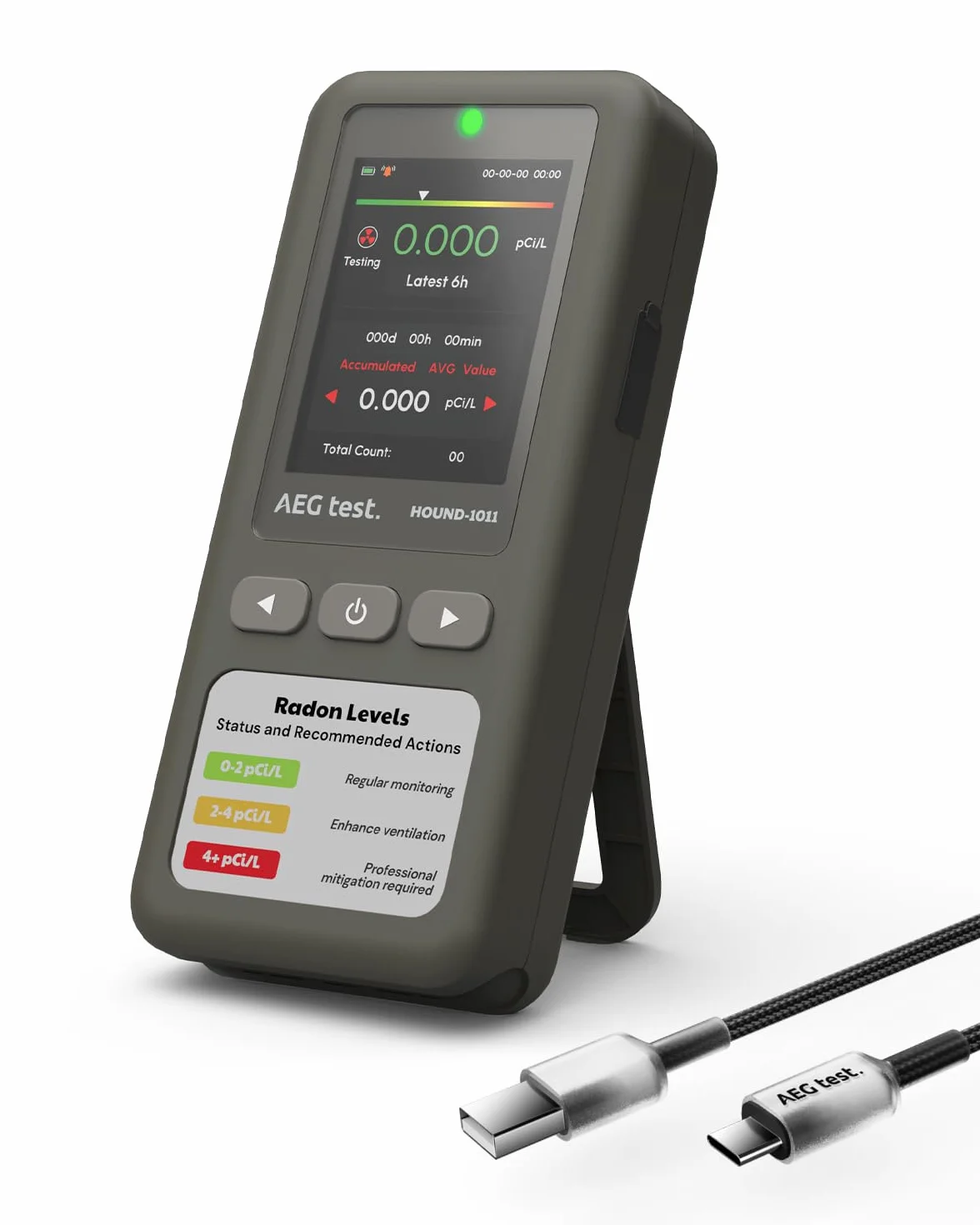 HOUND-1011 Detector de radón portátil para hogar, Ligero, Sensor de Alta precisión, 45 días, fácil de Usar, para mediciones a Corto y Largo Plazo en pCi/L o Bq/m³, para sótano – Gris