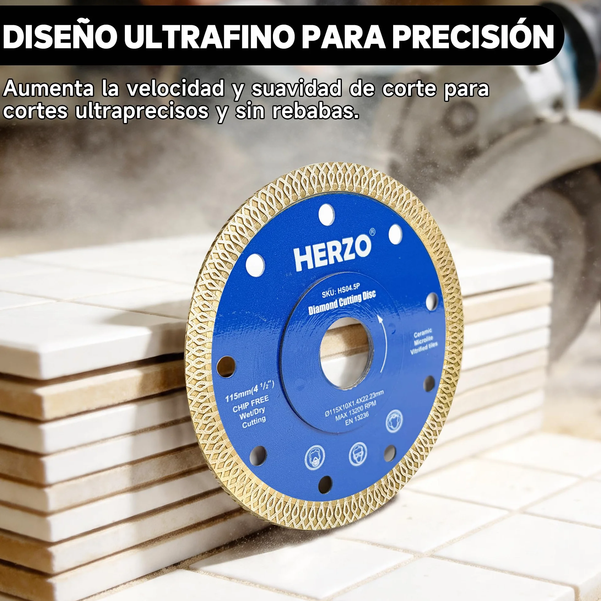 HERZO Discos de Diamante 115 mm x 22,23 mm para Azulejos - Disco de Diamante 115 mm para Azulejos, Gres Porcelánico, Porcelana y Cerámica