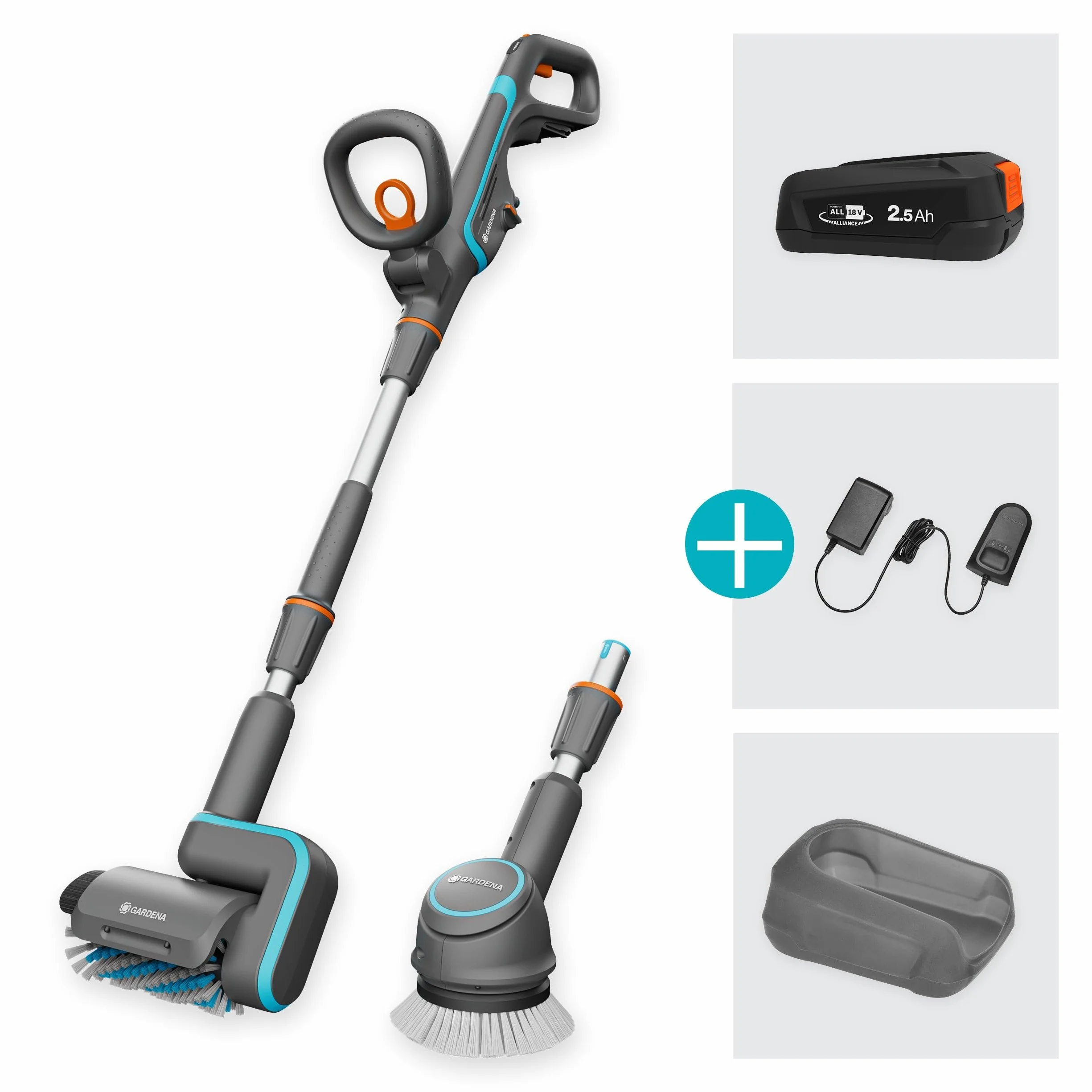Gardena Multi limpiador AquaBrush Universal a batería 04/18V P4A Set listo para usar: Exterior, Superficie universal, Cepillo de perfilado, Funcionamiento con un solo toque, Sin cable (14842-20)