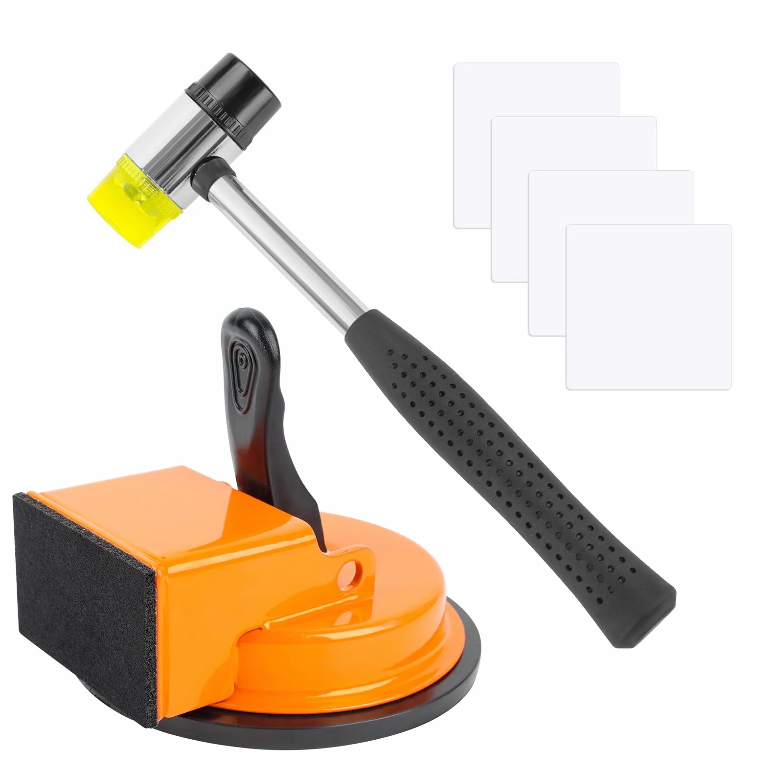 Kit de herramientas de fijación de huecos de piso, herramienta de reparación de huecos de suelo laminado con mazo de goma y 4 almohadillas adhesivas reutilizables, herramienta de piso de ventosa