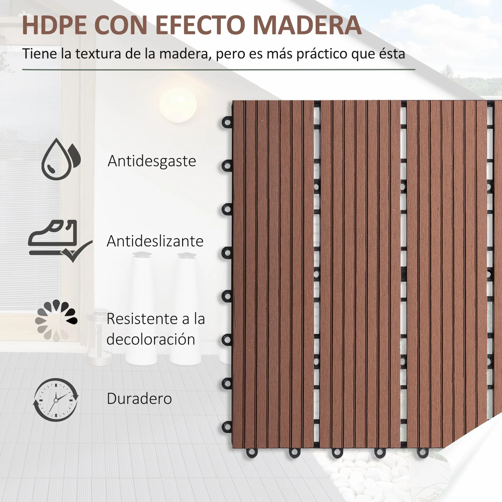 Outsunny Set de 11 Piezas Baldosas de Exterior 30x30 cm 1 m² Suelo de Jardín Exterior Antideslizantes y Resistentes al Clima de Fácil Instalación para Jardín Terraza Balcón Marrón