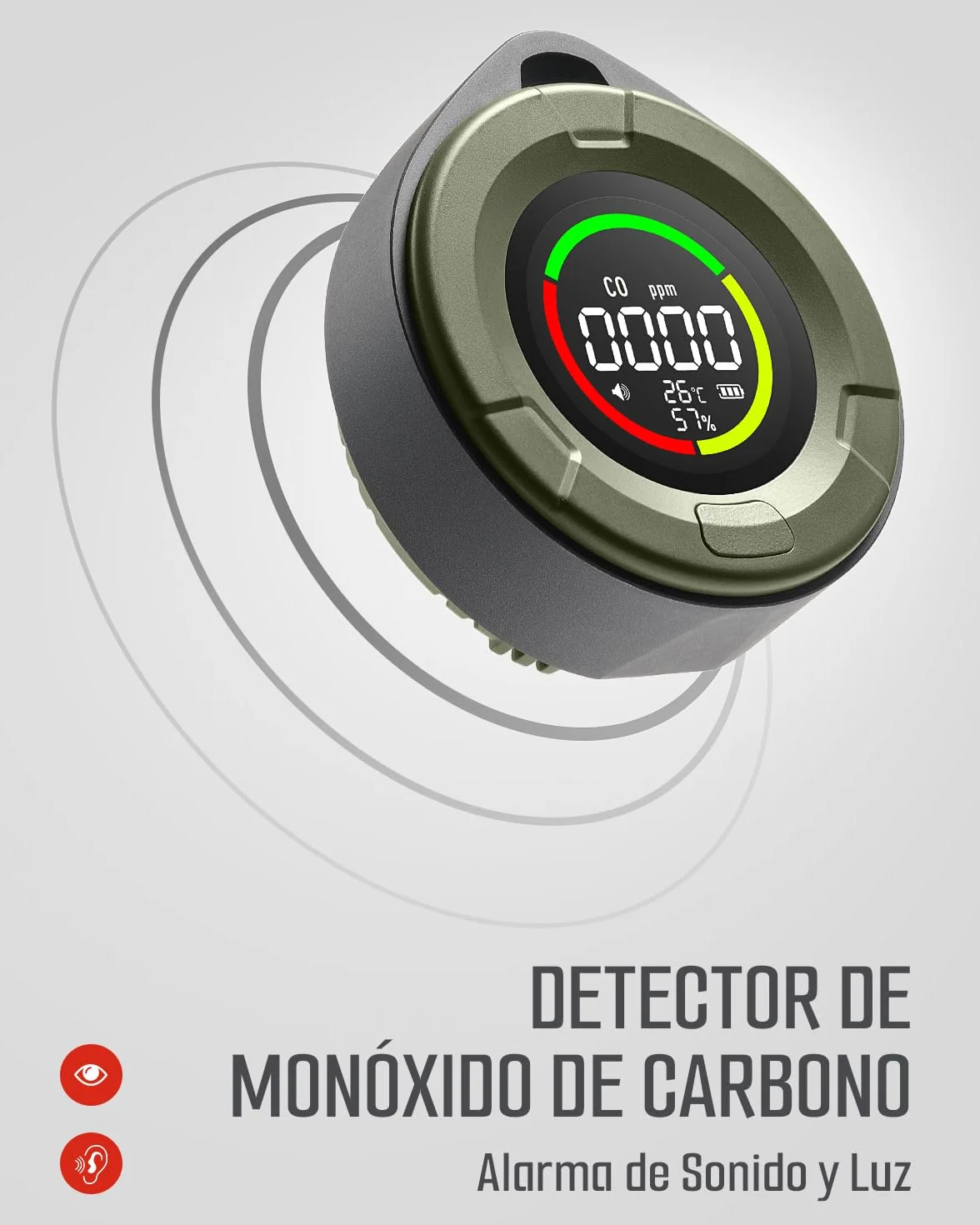 Detector de monóxido de Carbono portátil GasDoc DS-100, Detector de CO 3-en-1 para Viaje & Camping, medidor de CO Recargable con Alerta Audible & Visual, Alarma para hogar & Coche - Bosque Oscuro