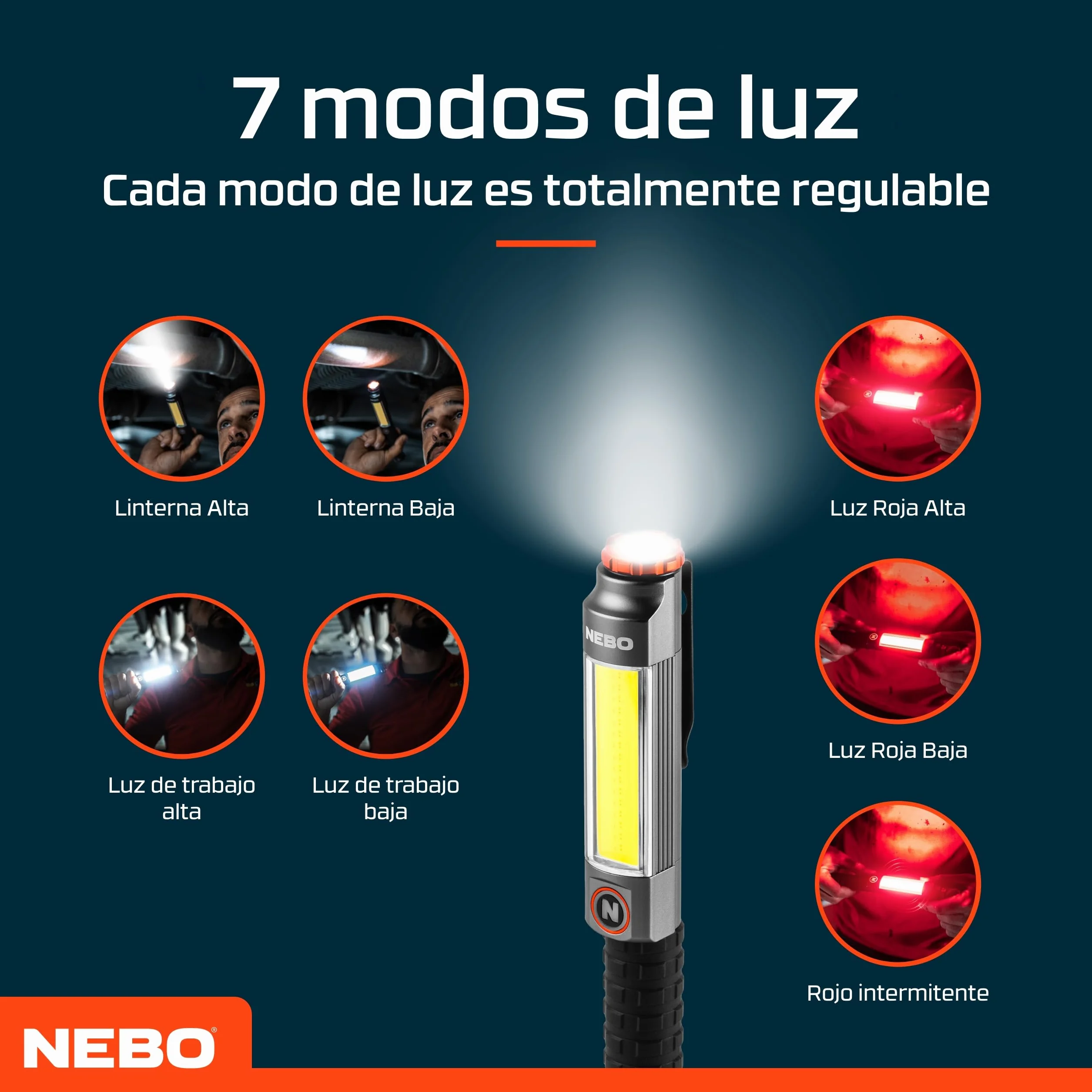 NEBO Big Larry 3 Black Line Luz de Trabajo – 600 Lm COB + 220 Lm Linterna | 7 Modos | Rojo Emergencia | Base Magnética | Clip Acero | Atenuable | Direct-to-Red | IPX4 | 3x AA