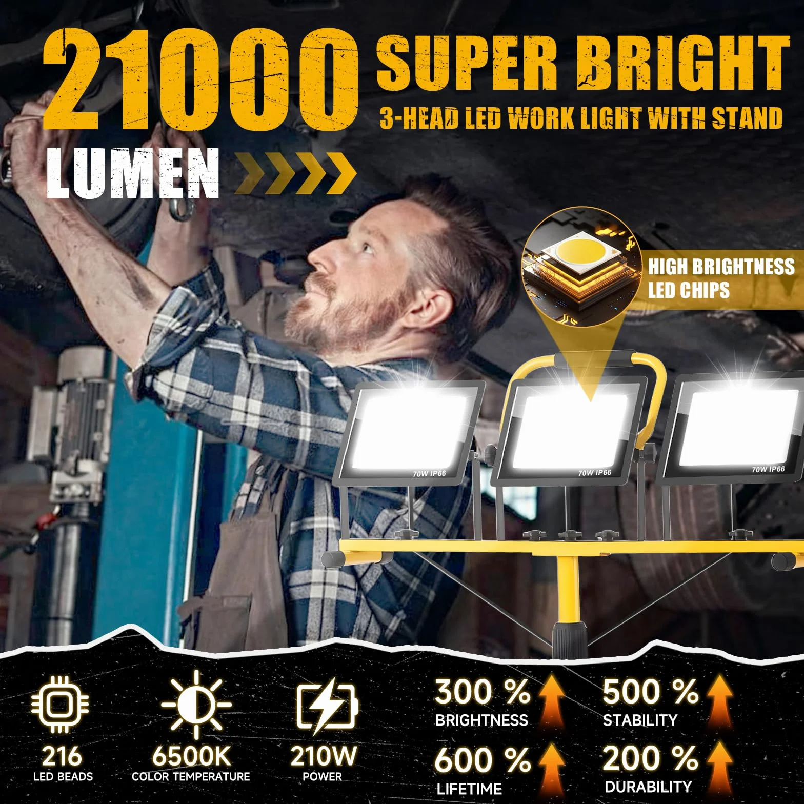 210W Foco led Trabajo con Trípode, 21000LM 6500K Lámpara de Trabajo con Cable de 5m Interruptor Individual, IP66 Lámpara Impermeable para Obras/Talleres/Garajes Altura Ajustable 200cm