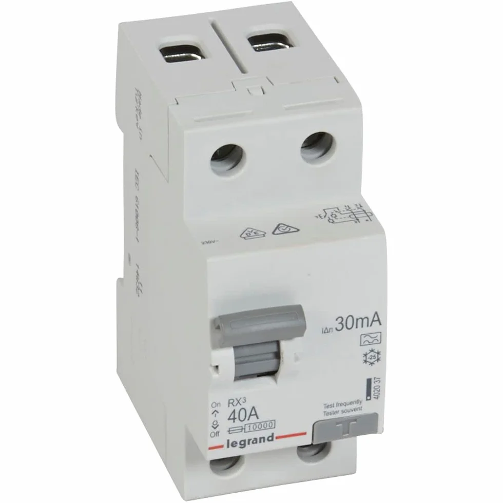 LEGRAND, RX3 402037 - Disyuntor de corriente residual (40 A, 2 pines, 30 mA, 230 VAC, 2 TE, RCCB, para corriente alterna y corriente continua pulsante, fijación en riel de perfil de sombrero)